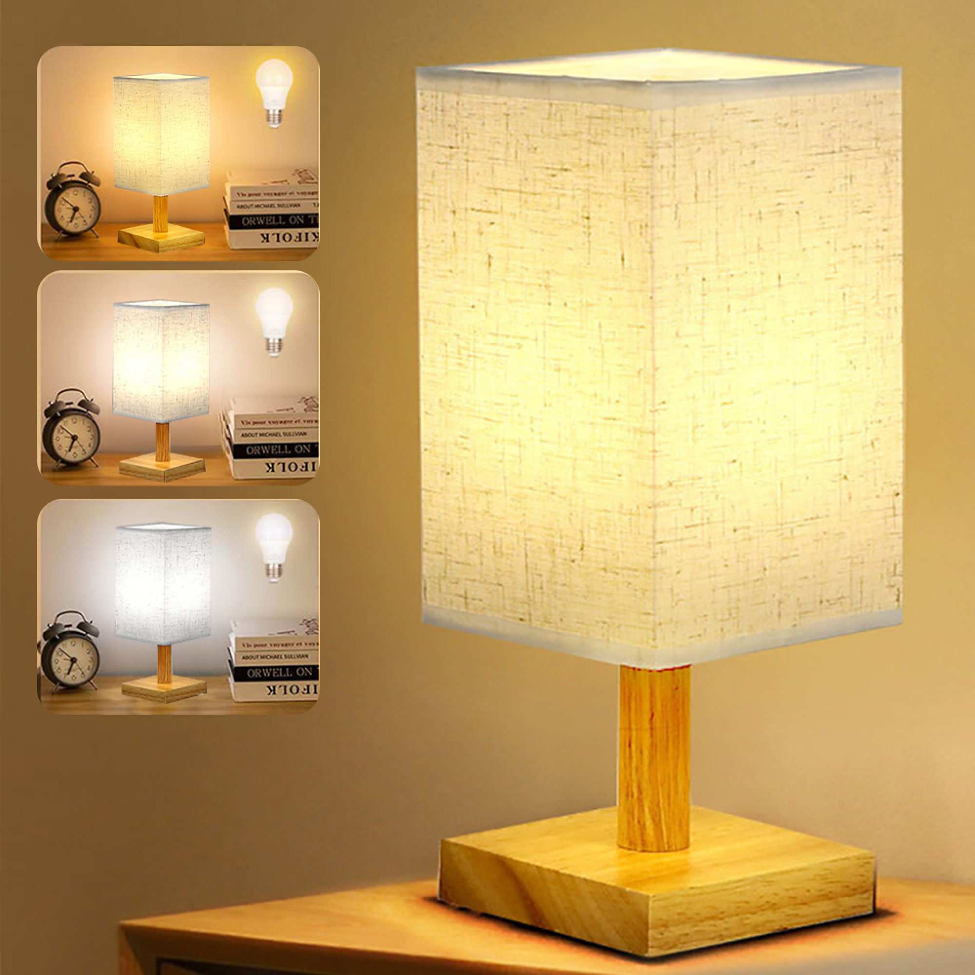 Ein Nachttisch mit einer rechteckigen Lampe, einem Wecker und Büchern.