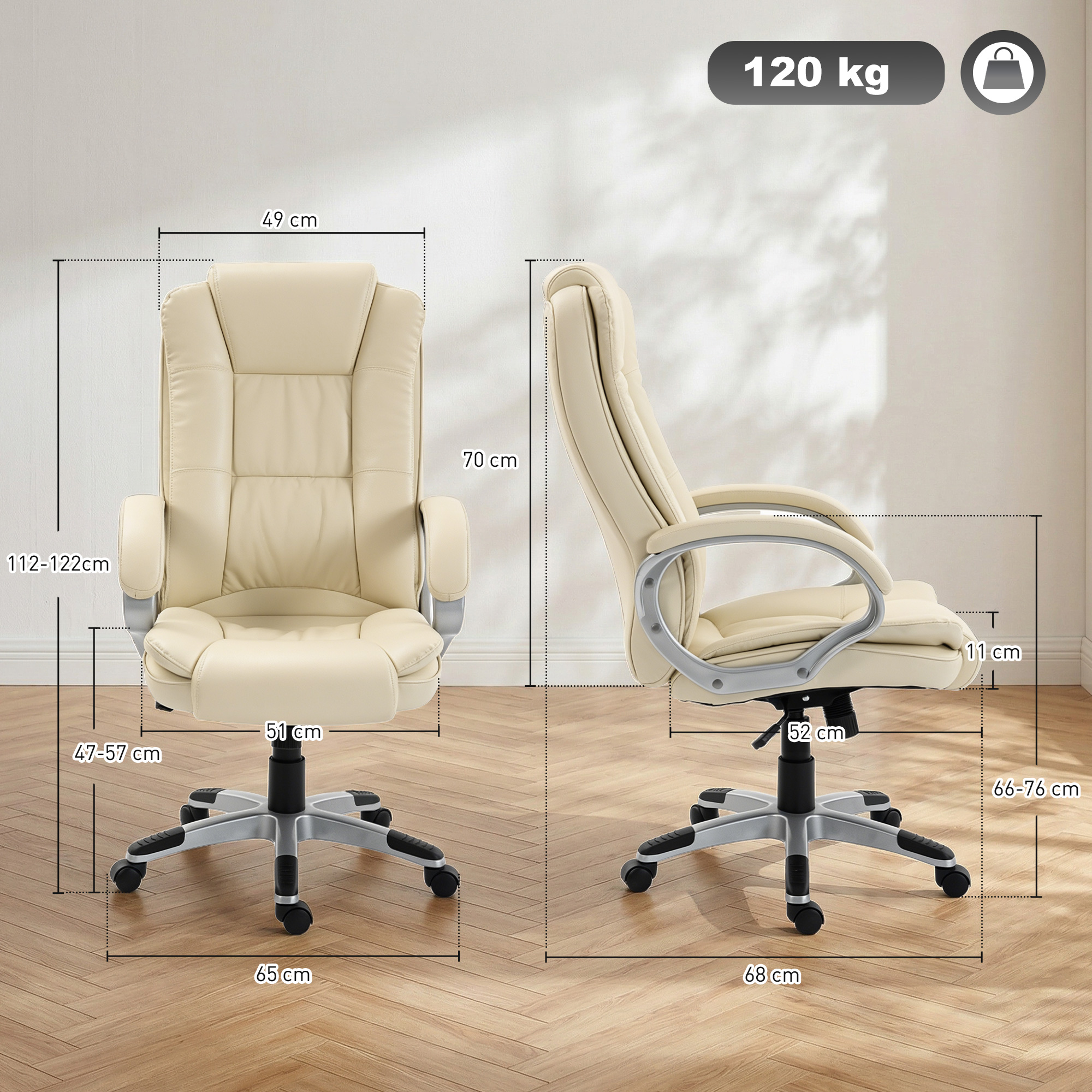 Sedia da ufficio in pelle color crema, vista frontale e laterale, con dimensioni.