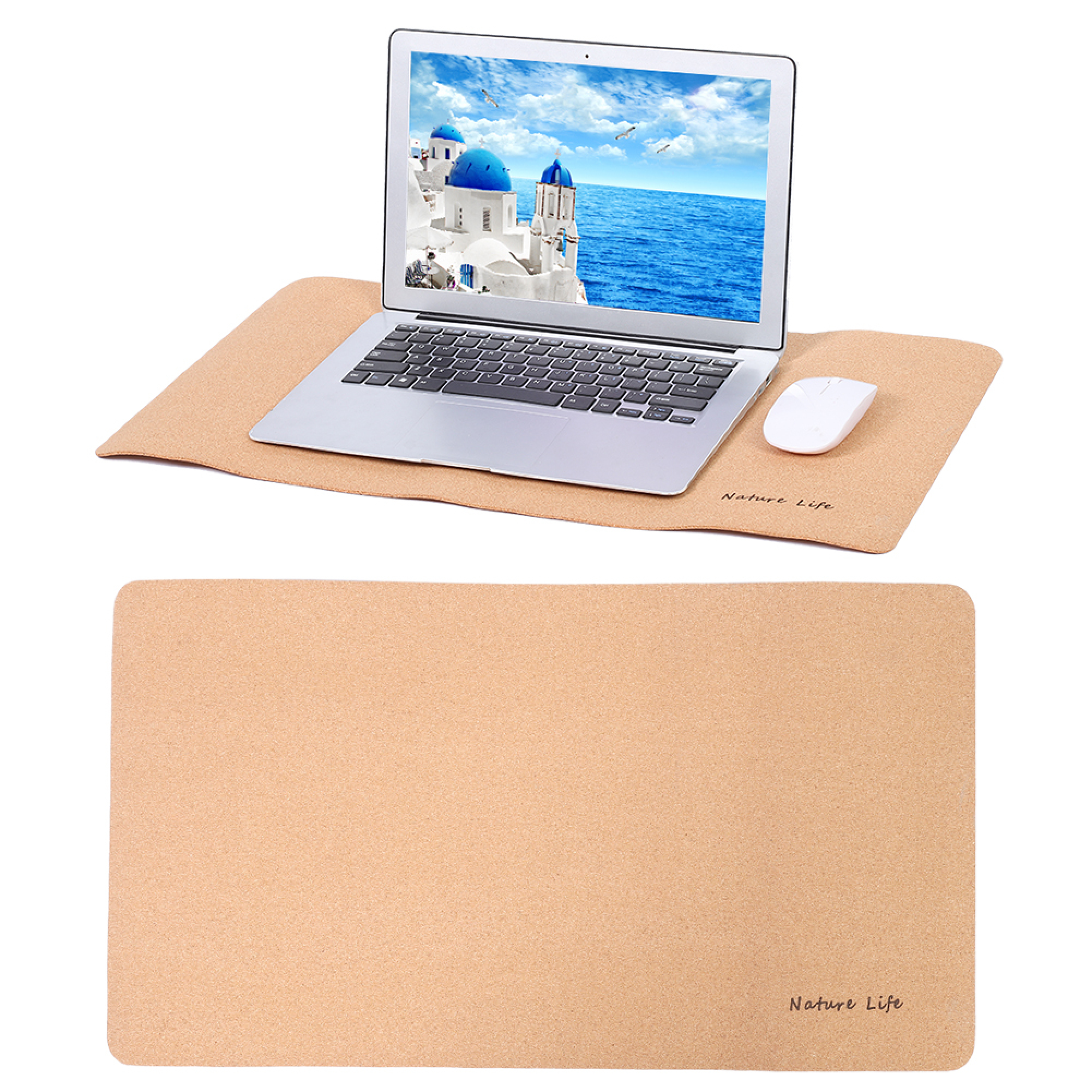 Ein Laptop auf einer braunen Unterlage mit einem Bild von Santorini auf dem Bildschirm.