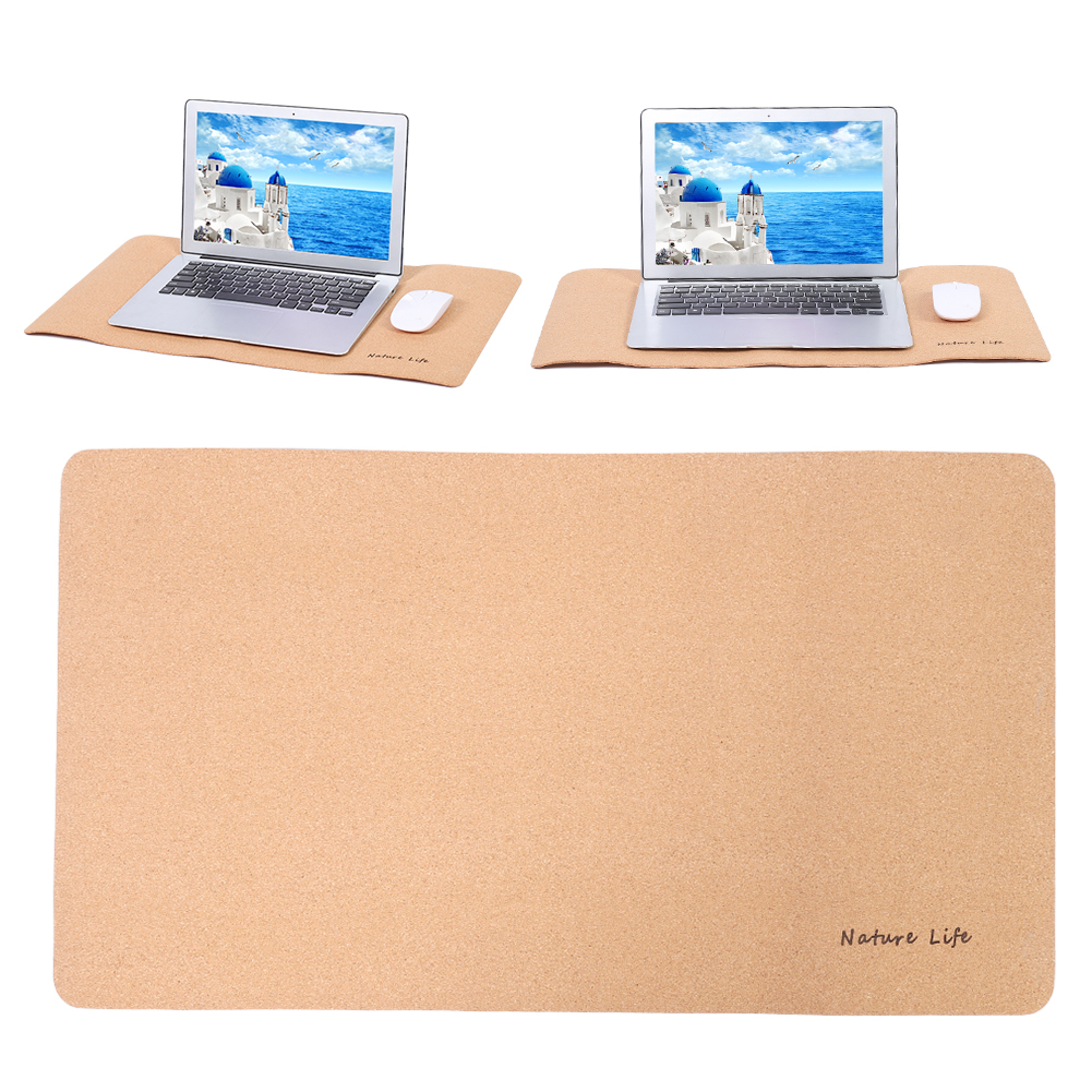 Zwei Laptops mit griechischer Inselansicht auf braunen Unterlagen mit Mäusen.
