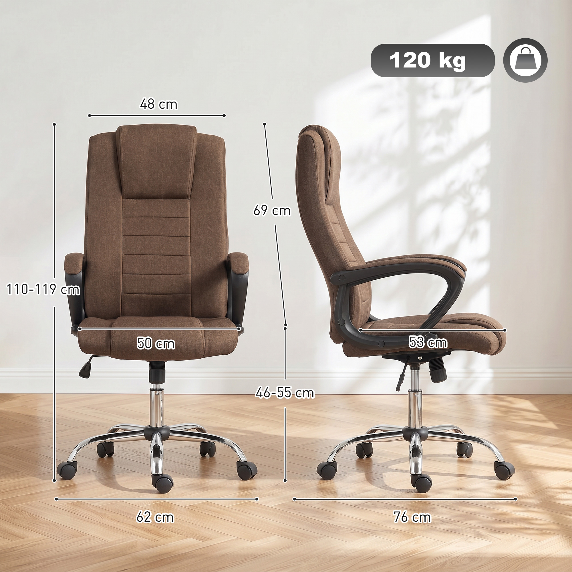 Una sedia da ufficio marrone con rotelle, dimensioni indicate.