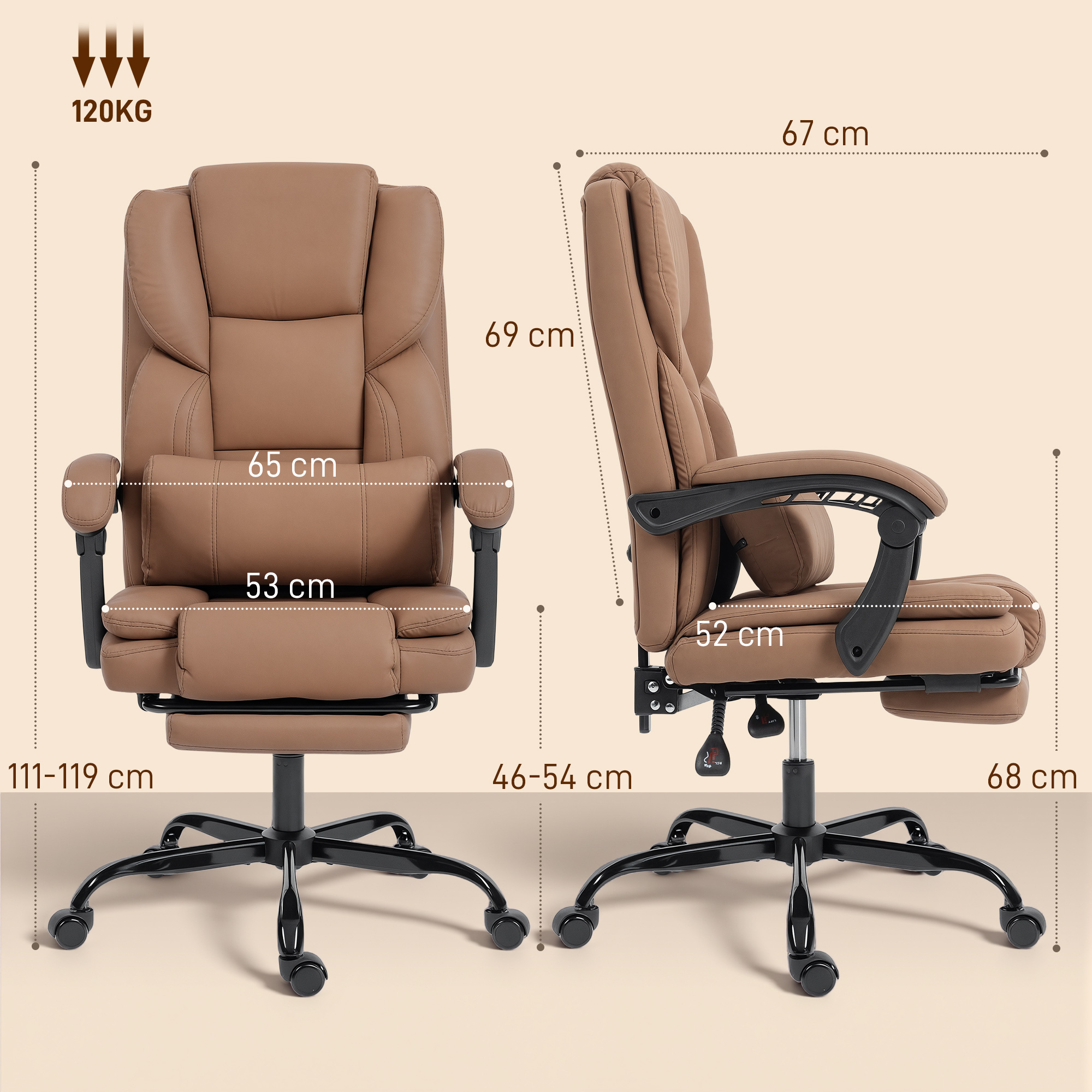 Sedia da ufficio marrone con dimensioni: 120kg capacità, 69cm altezza, 67cm larghezza.