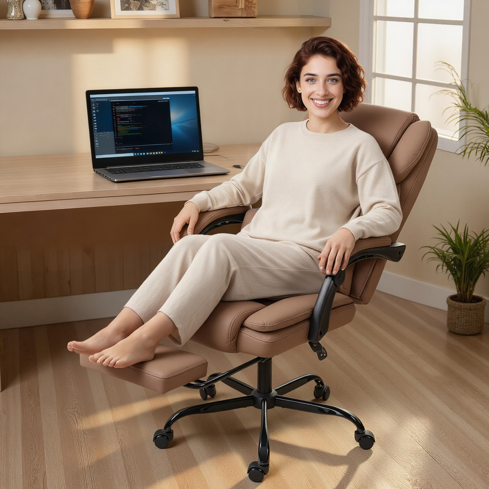 Una donna in abito beige è seduta su una poltrona da ufficio marrone, sorridendo.