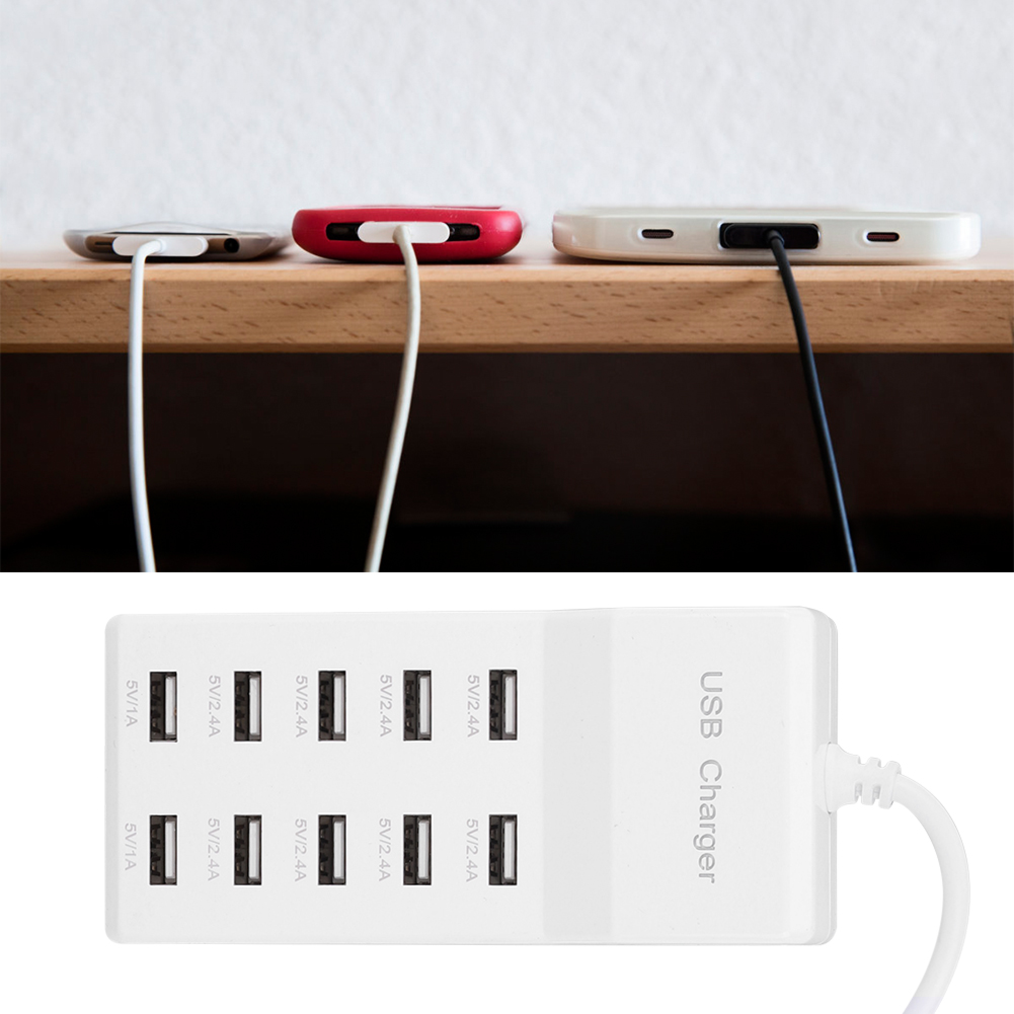 Drei Smartphones laden an einem Holzregal, ein weißer USB-Ladegerät darunter.