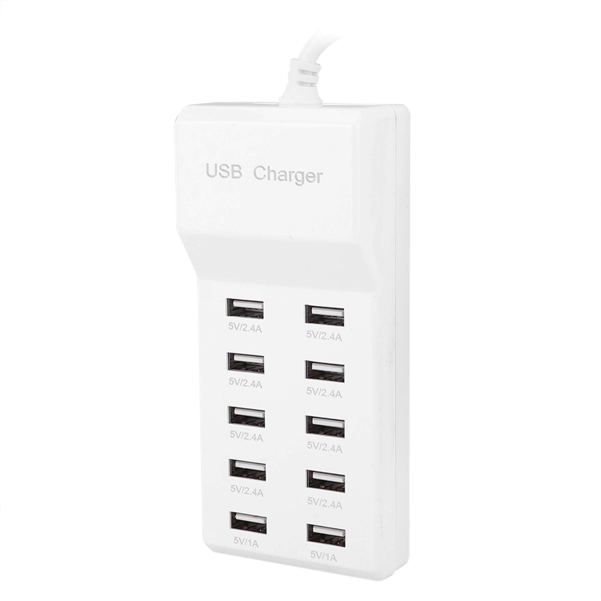 Ein weißes USB-Ladegerät mit 10 Anschlüssen, beschriftet mit 5V/2.4A und 5V/1A.
