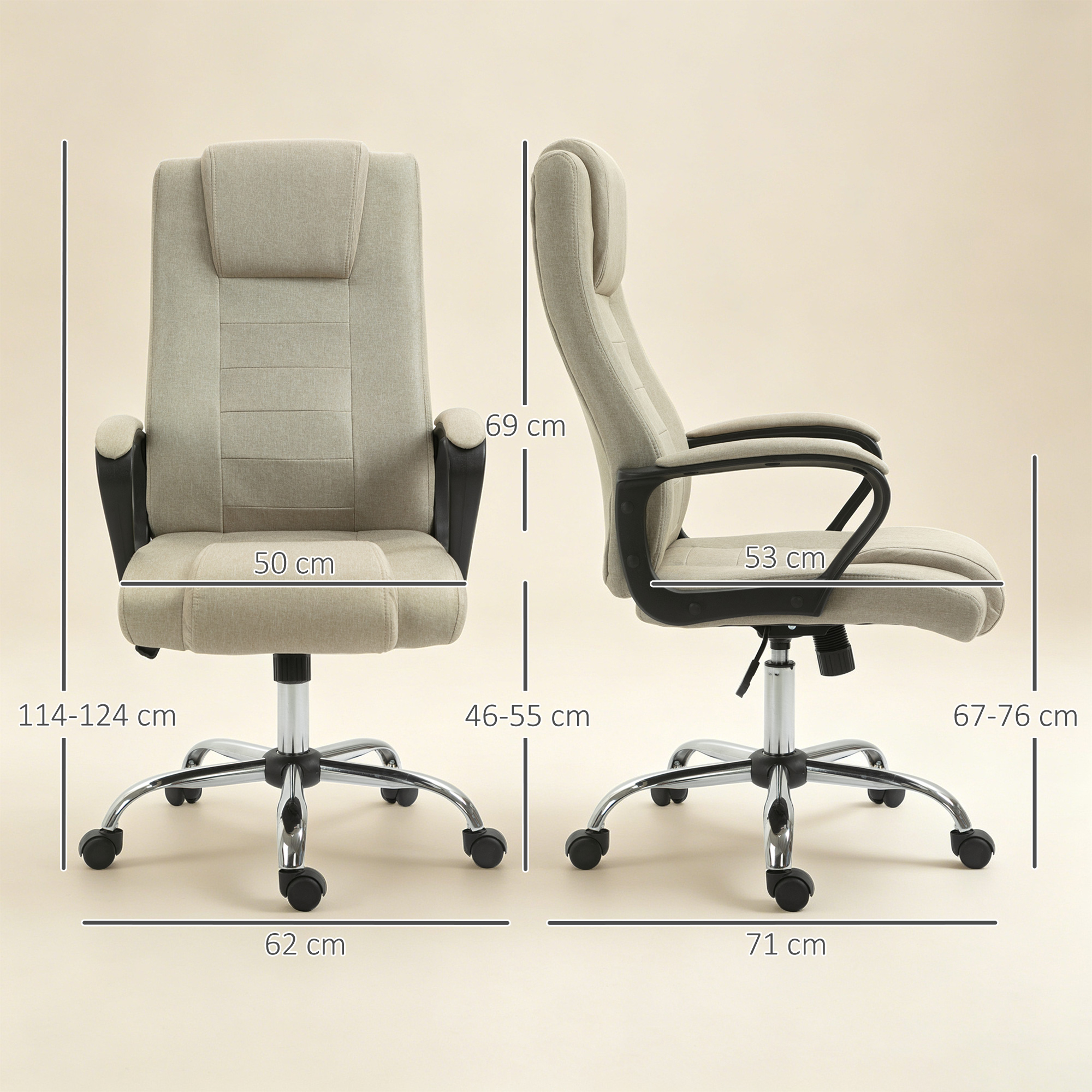 Due viste di una sedia da ufficio beige con dimensioni.