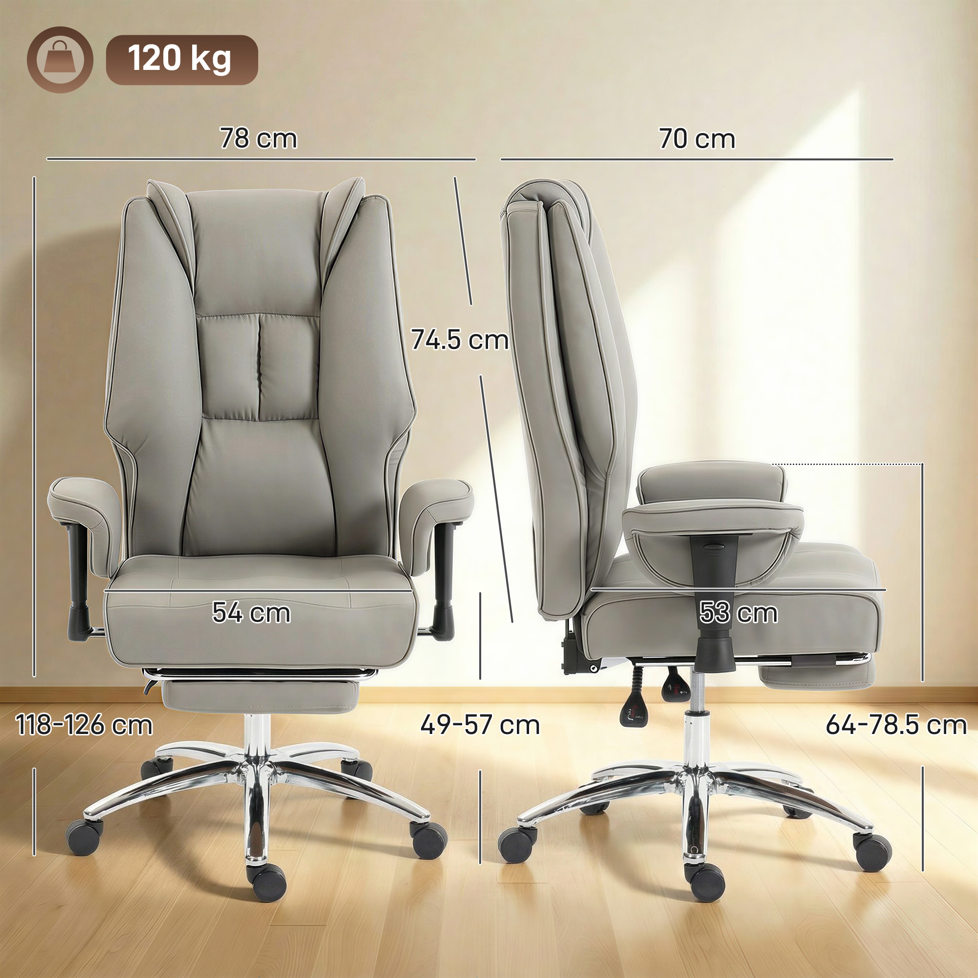 Sedia da ufficio grigia con dimensioni: 78cm larghezza, 74.5cm altezza, 54cm larghezza seduta.