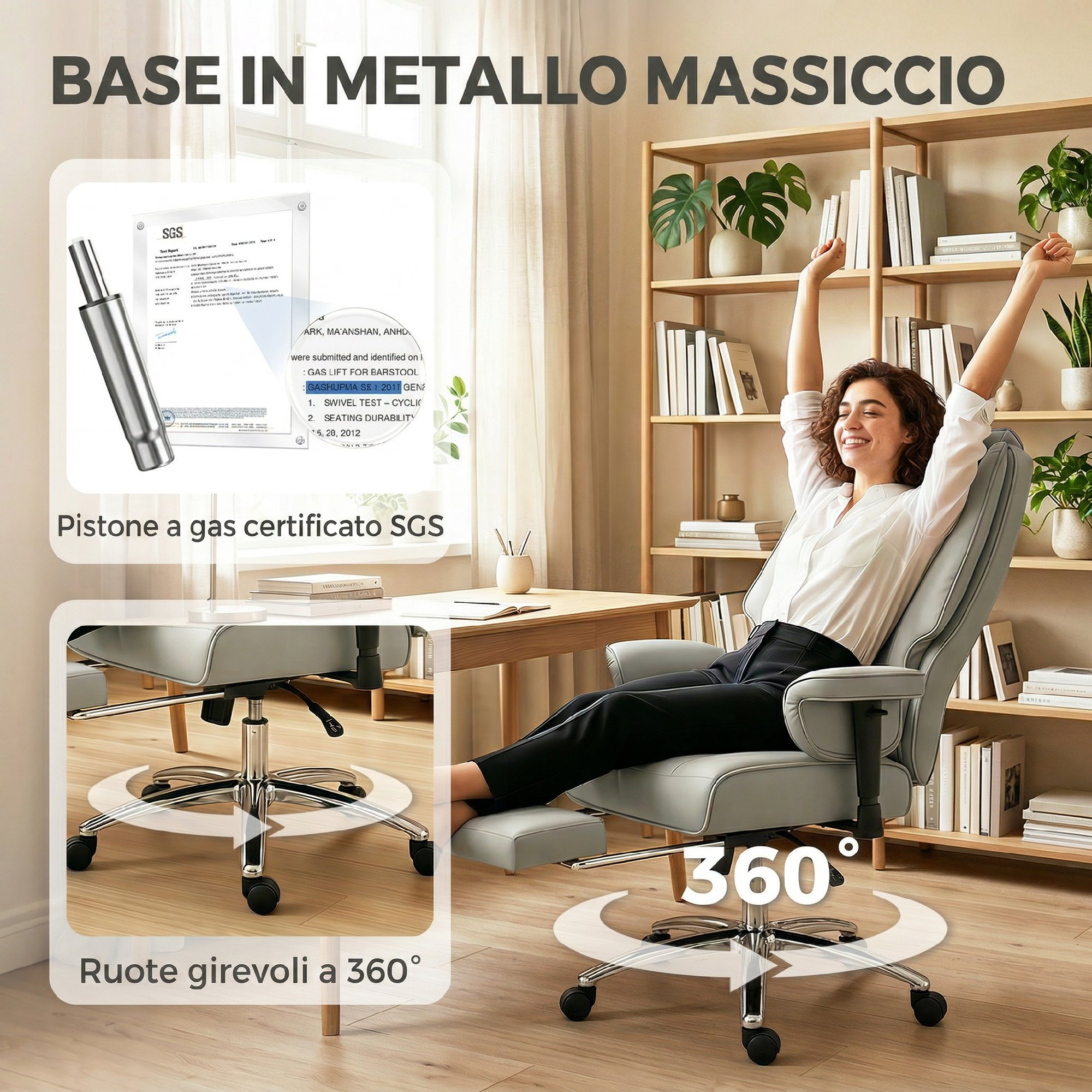Donna in poltrona da ufficio grigia con poggiapiedi, braccia alzate, sorride.
