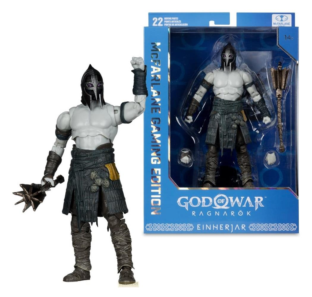 Actionfigur eines Kriegers mit Helm und Rüstung, hält eine Waffe.