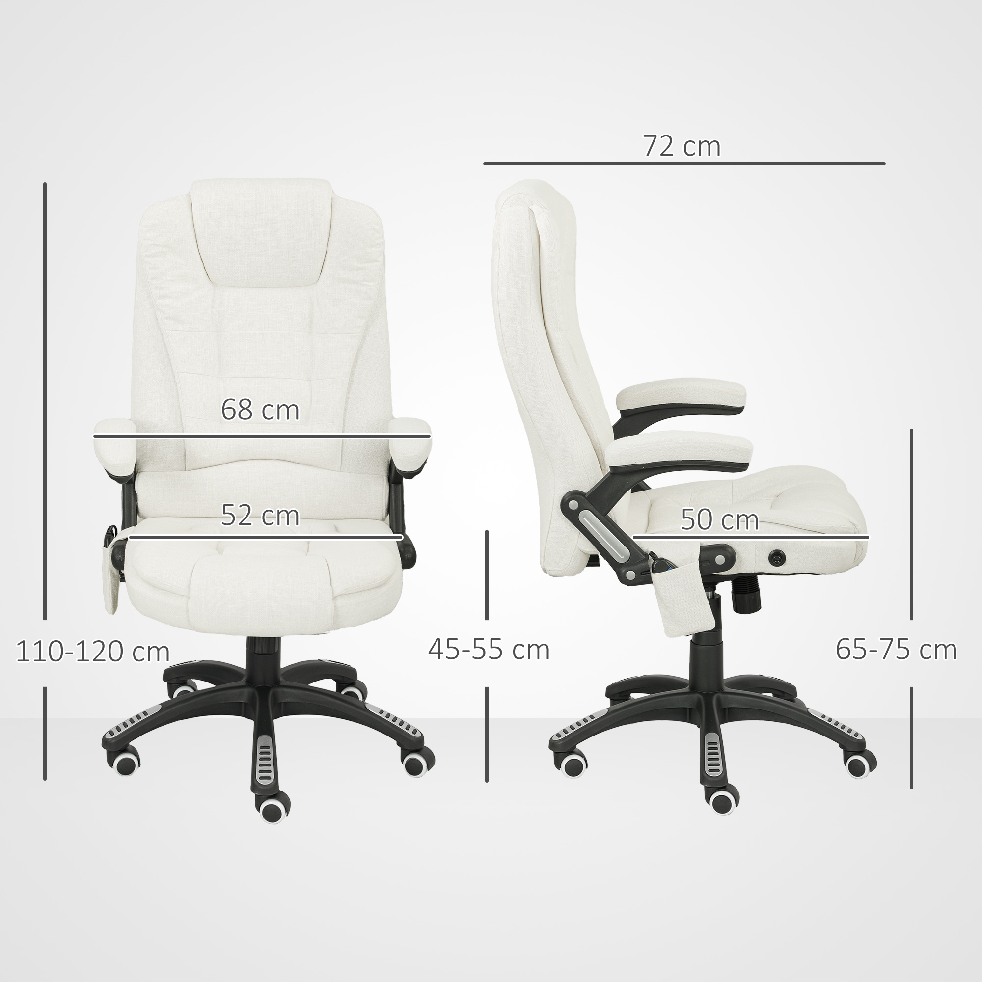 Vista frontale e laterale di una sedia da ufficio bianca con dimensioni.