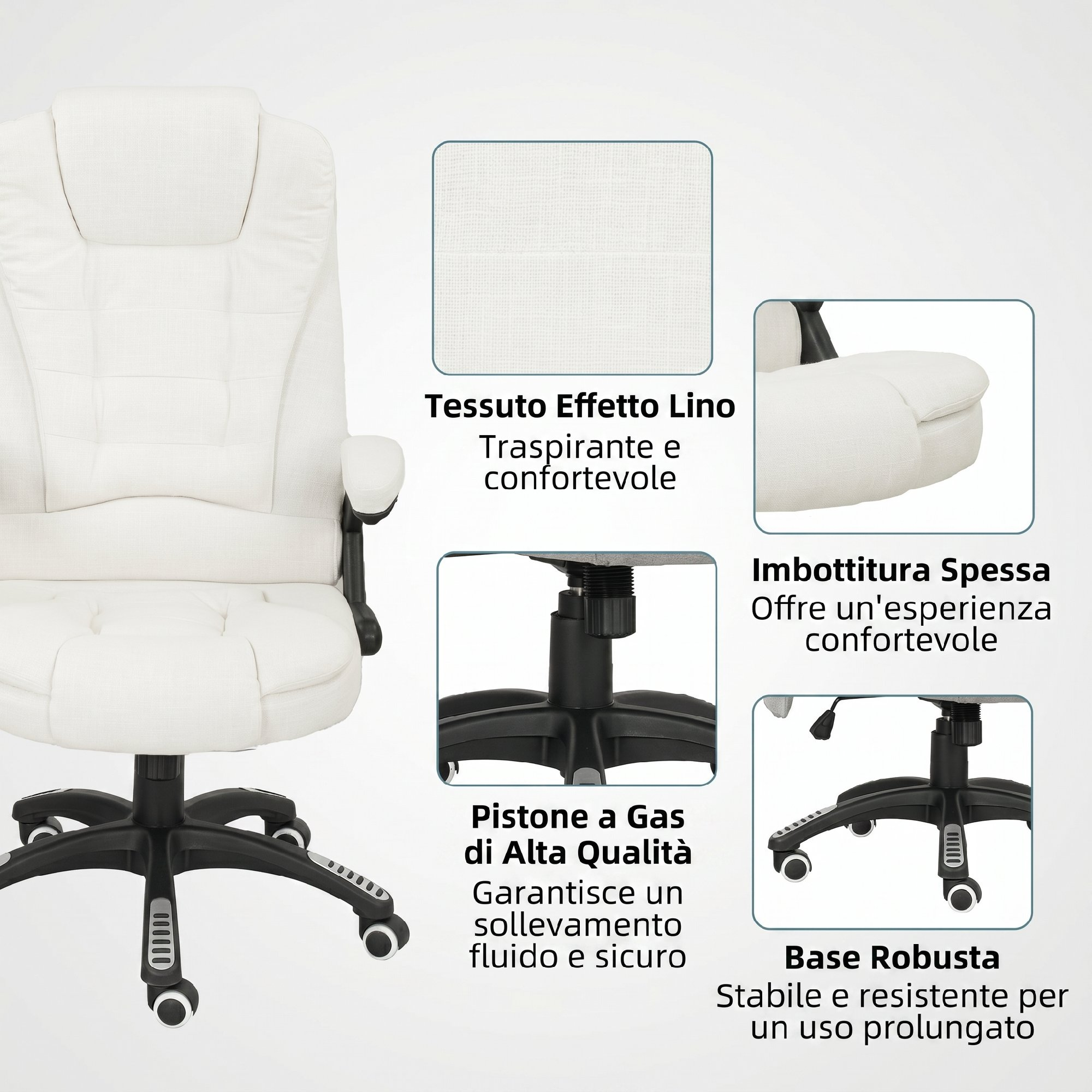 Sedia da ufficio bianca con poggiatesta e schienale imbottiti, braccioli e base nera.