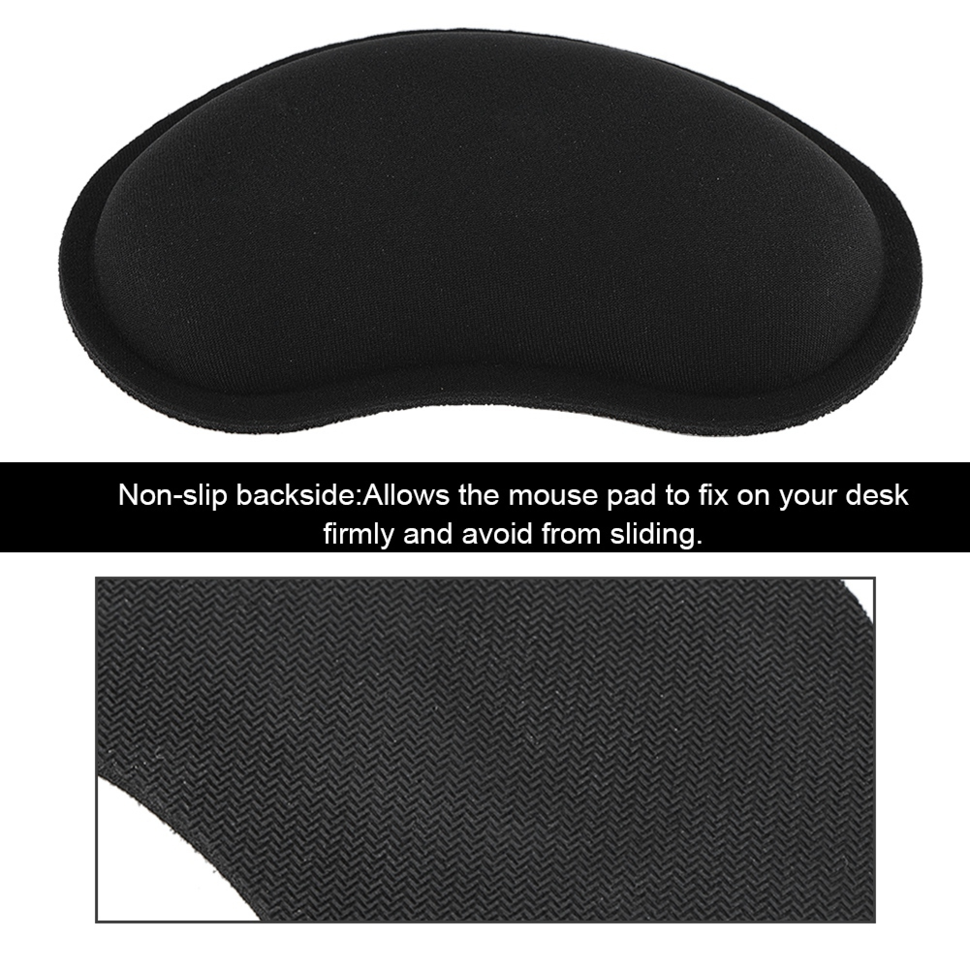 Schwarzes Mauspad mit ergonomischer Handgelenkstütze und rutschfester Unterseite.