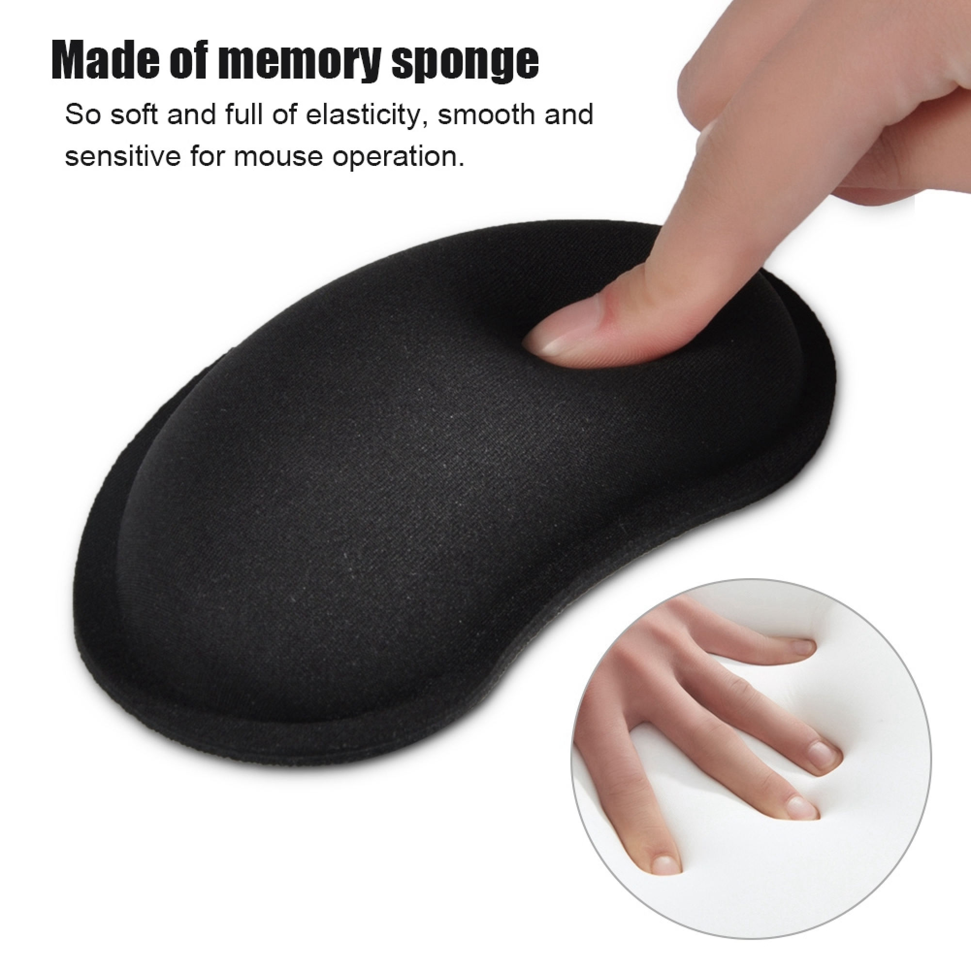 Eine Hand drückt in ein schwarzes Mauspad aus Memory-Schaumstoff.