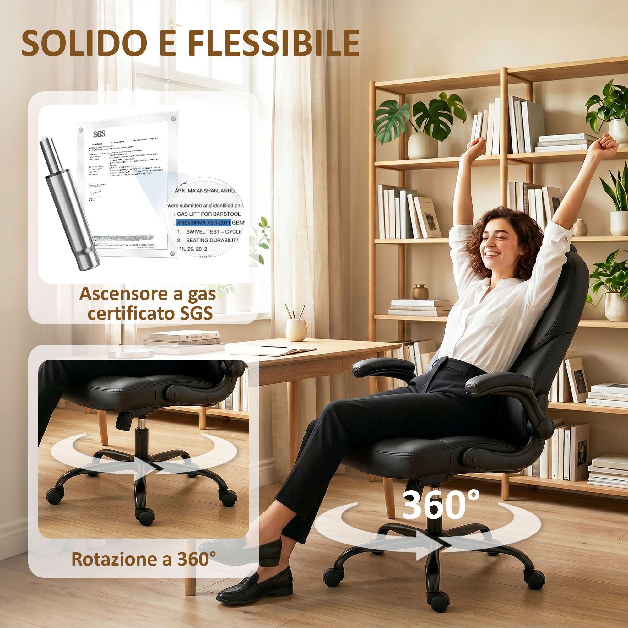 Sedia da ufficio nera con certificazione SGS e rotazione a 360 gradi.