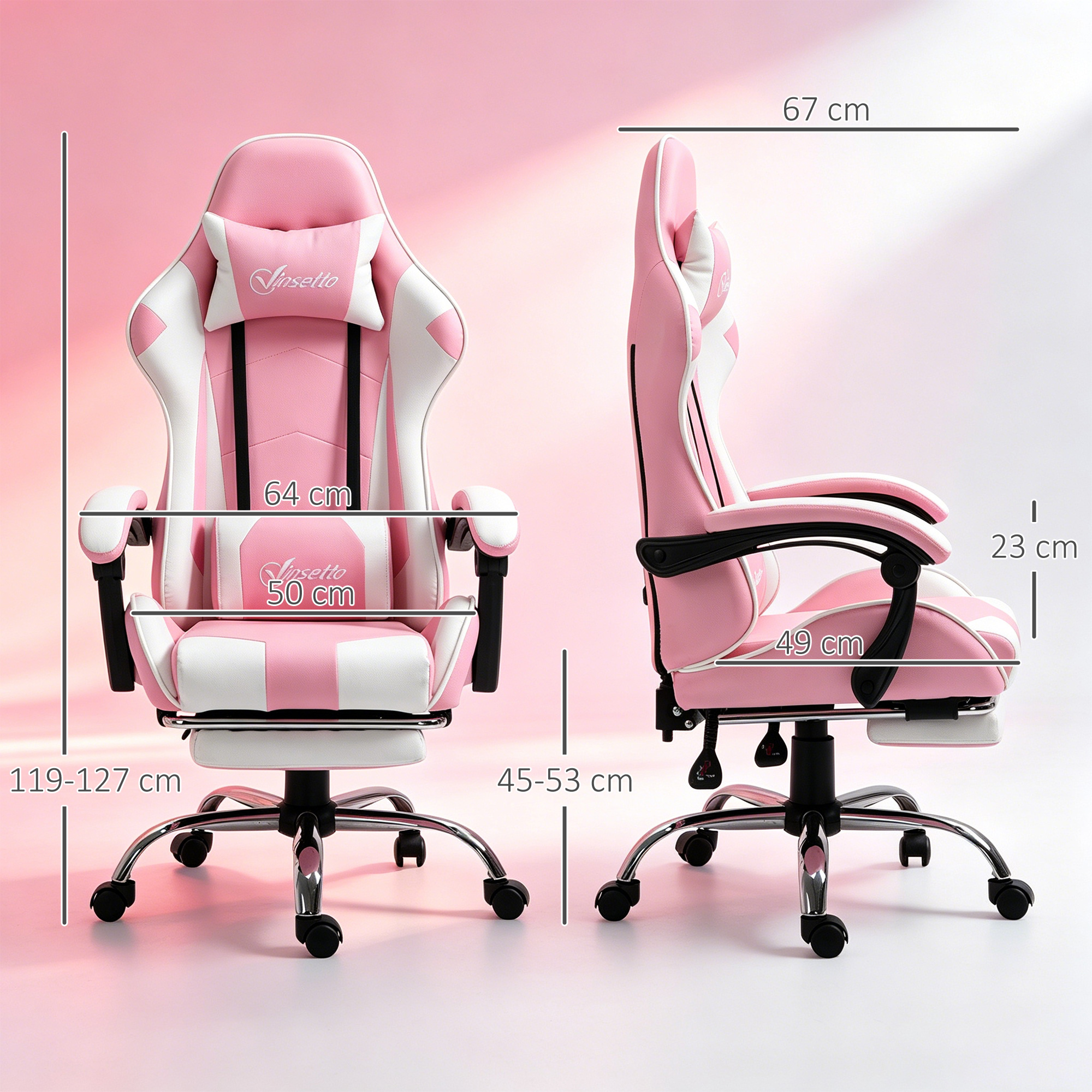 Una sedia da gaming rosa e bianca con dimensioni regolabili e poggiapiedi.