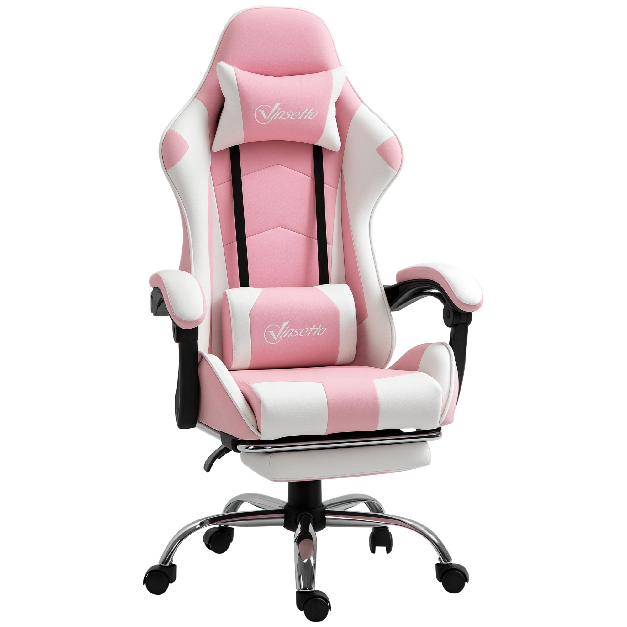 Una sedia da gaming rosa e bianca con braccioli regolabili, cuscino lombare e poggiapiedi.