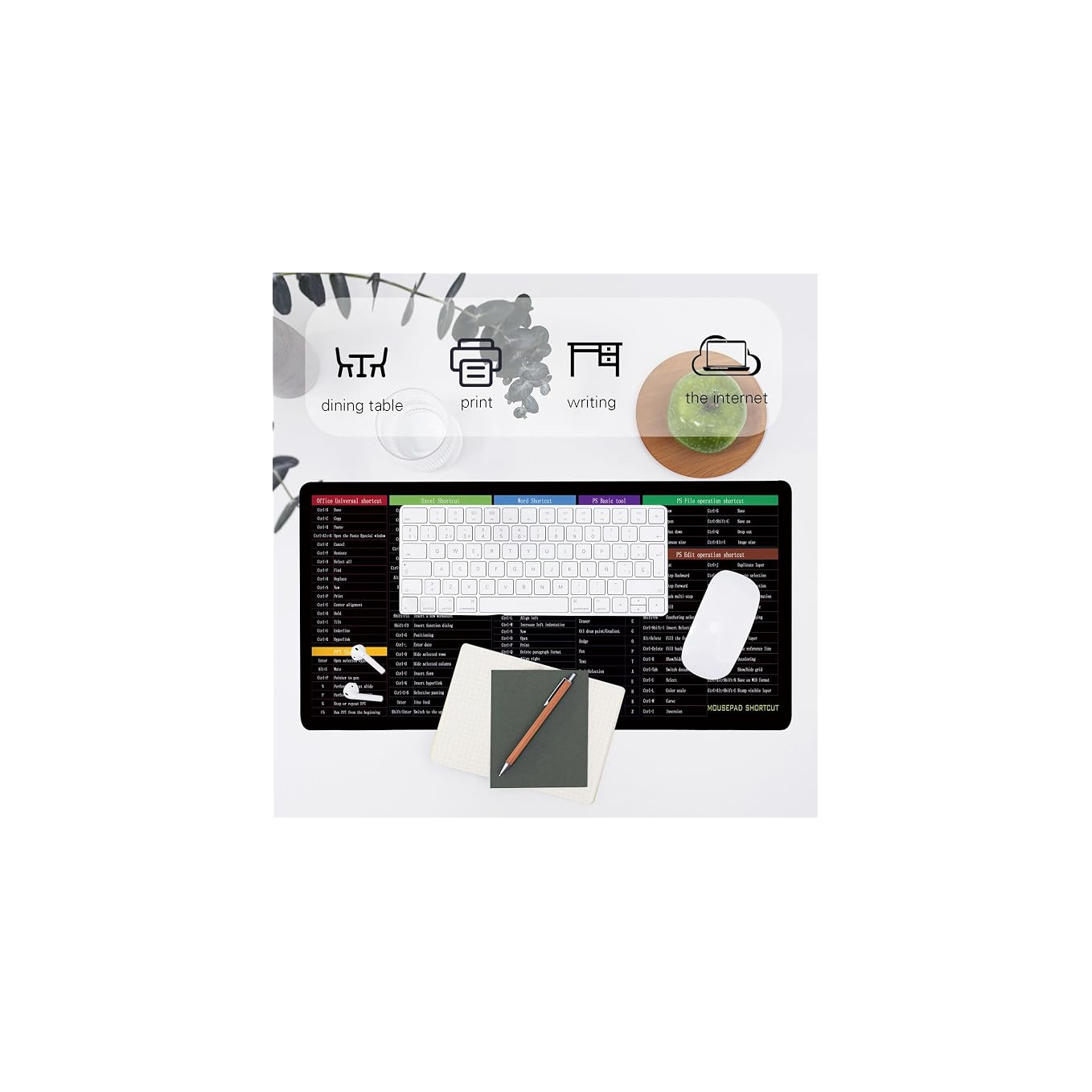 Tastenkombinationen für Office, Excel, Word, PS-Tools und Mauspad auf einem Schreibtisch.
