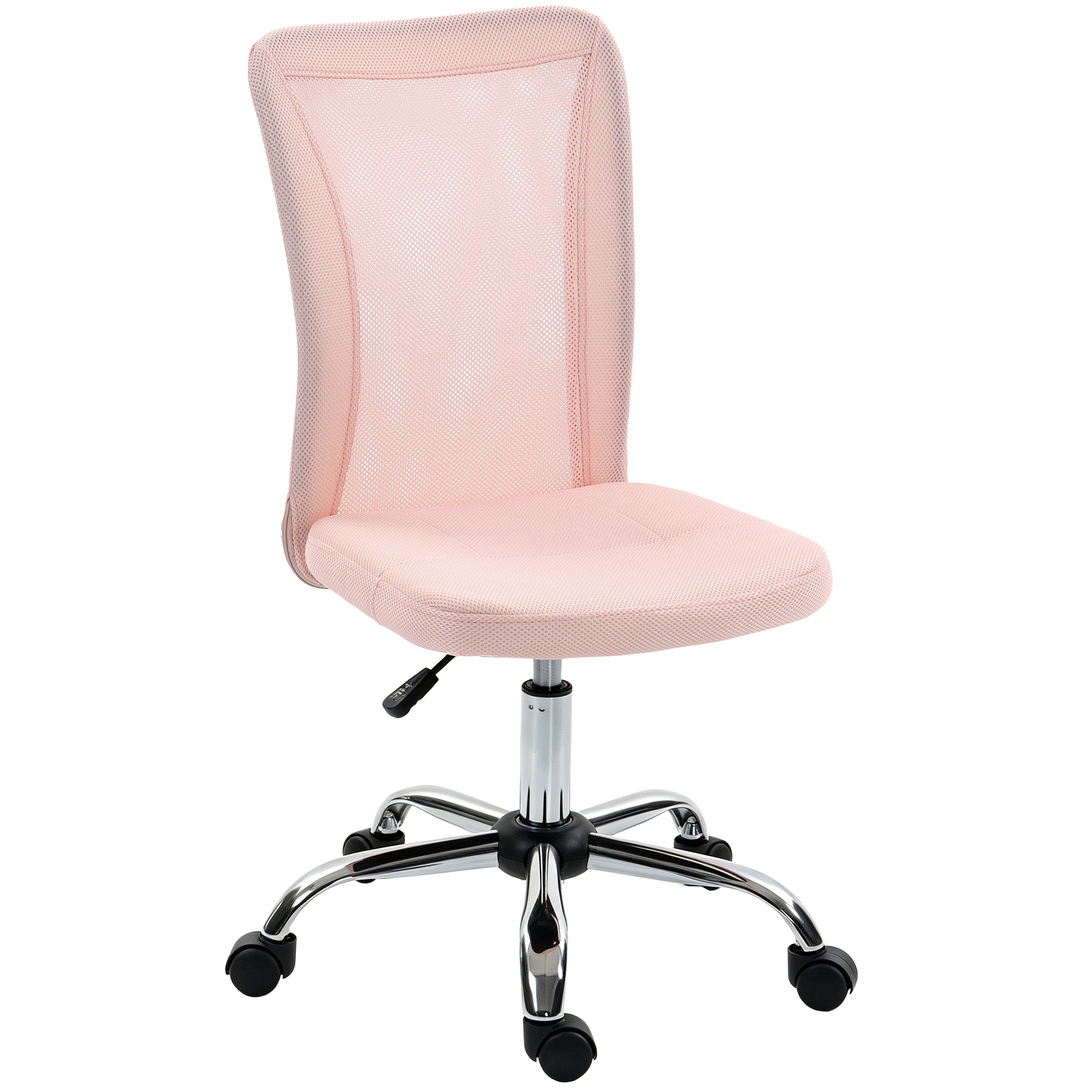 Una sedia da ufficio rosa con schienale in rete e ruote su base cromata.