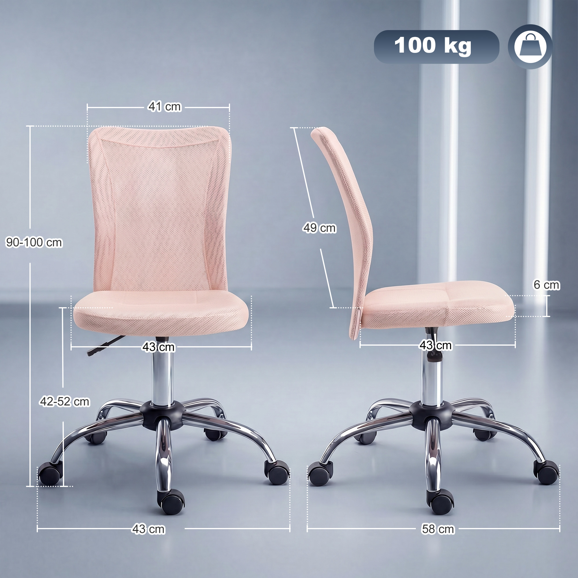 Due viste di una sedia in rete rosa con dimensioni e capacità di 100 kg.