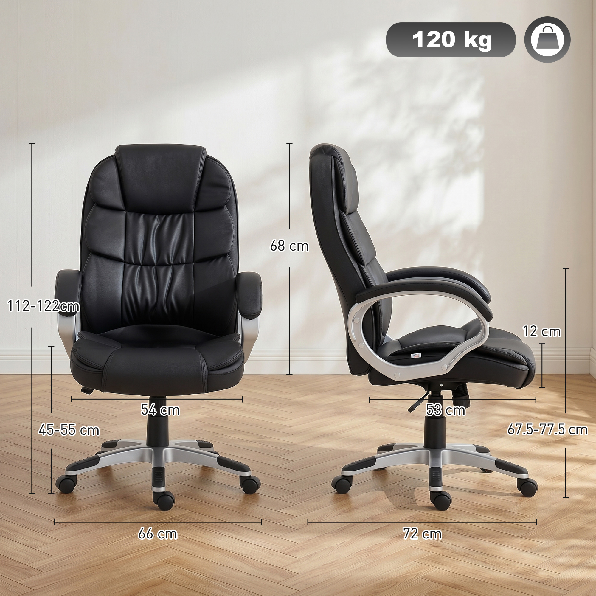 Sedia da ufficio in ecopelle nera con accenti argentati. Dimensioni mostrate.