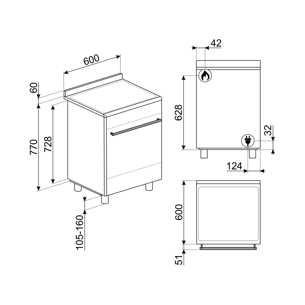 Disegno tecnico di un piano cottura con dimensioni in mm.