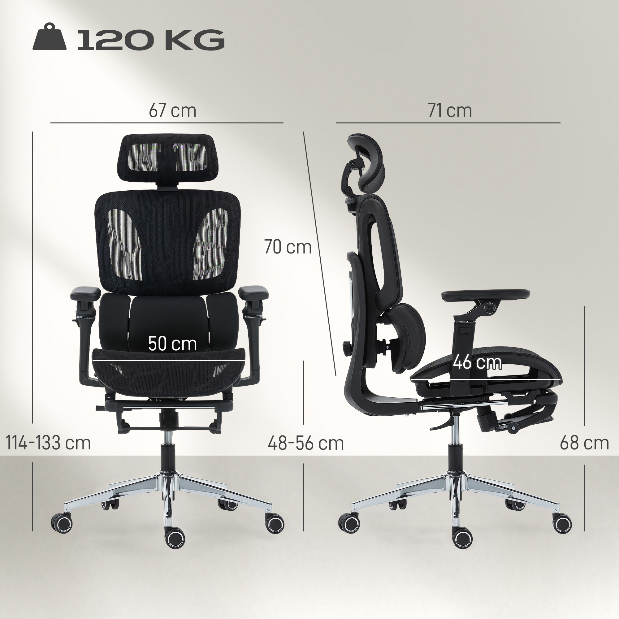 Sedia da ufficio nera con dimensioni e capacità di 120 kg.