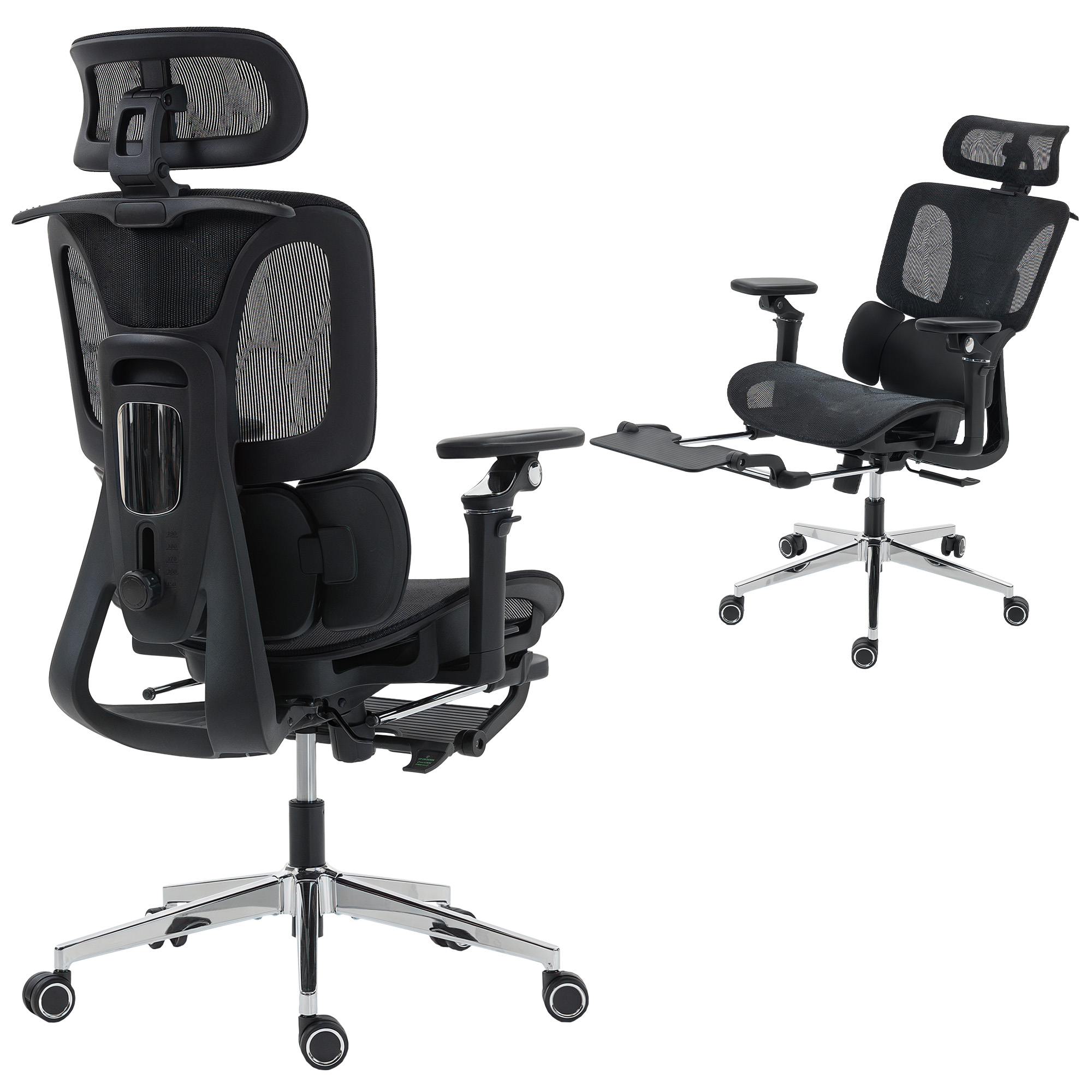 Due sedie ergonomiche nere con schienale in rete e poggiatesta regolabili.