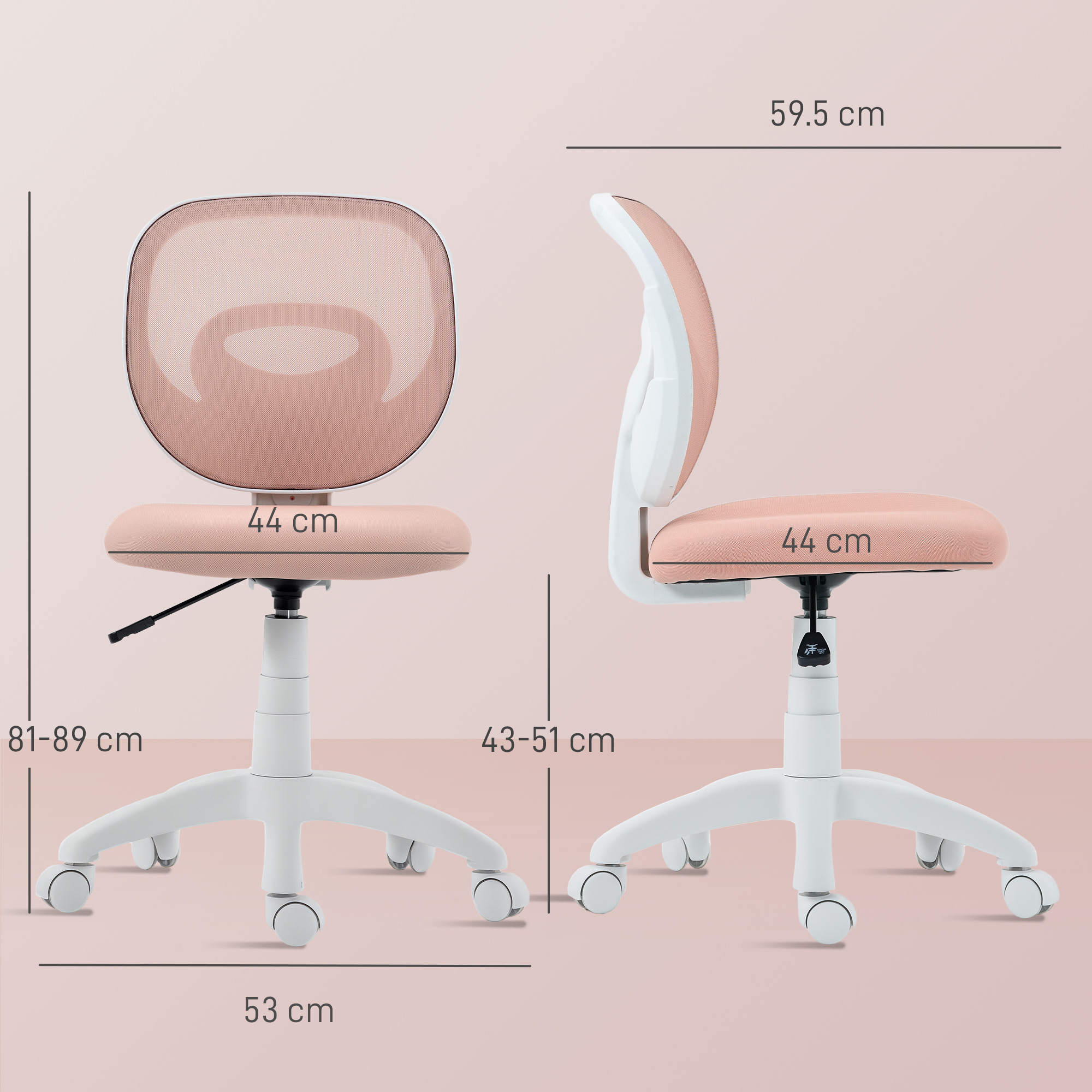 Una sedia da ufficio rosa con ruote e altezza del sedile regolabile.