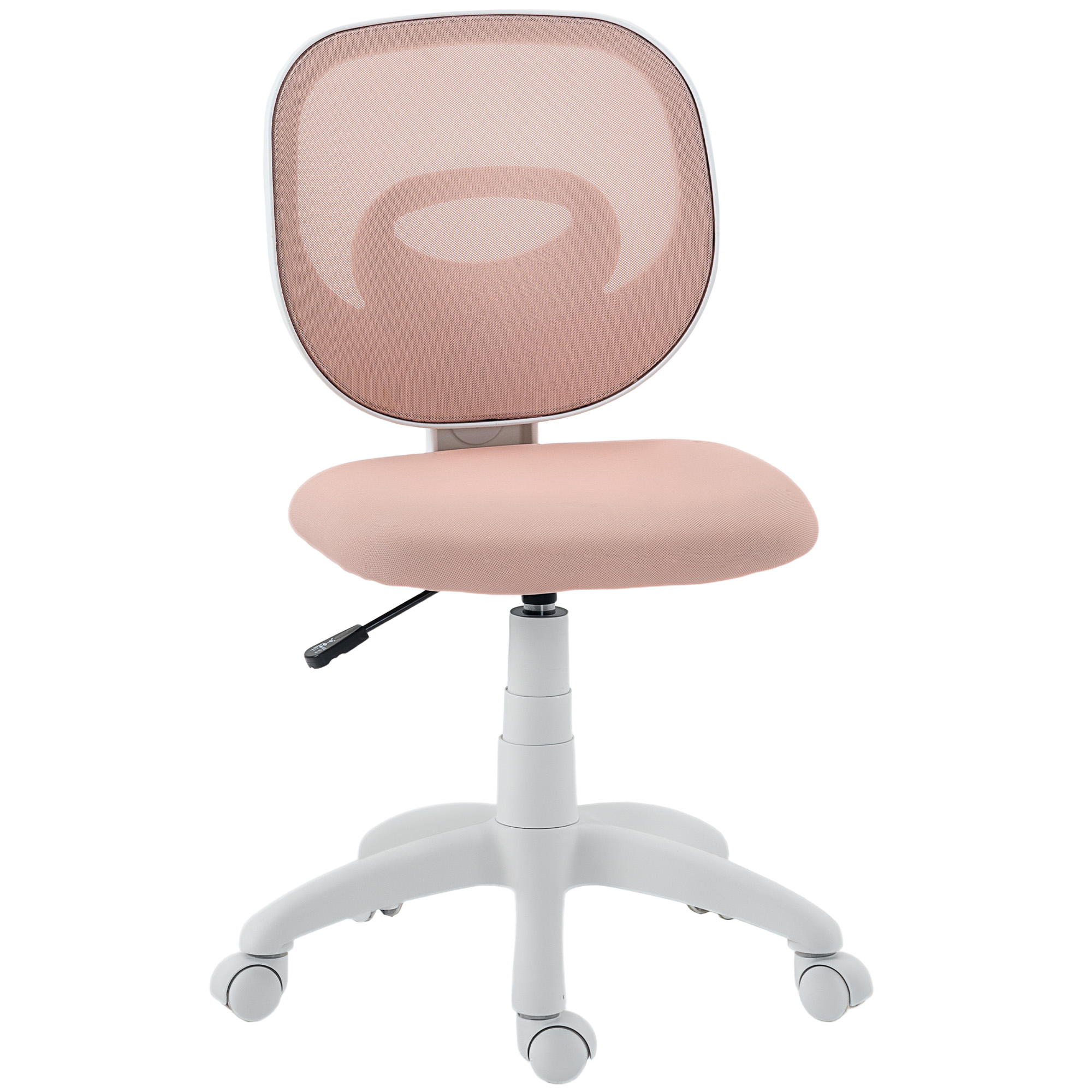 Una sedia da ufficio rosa con schienale in rete e ruote.