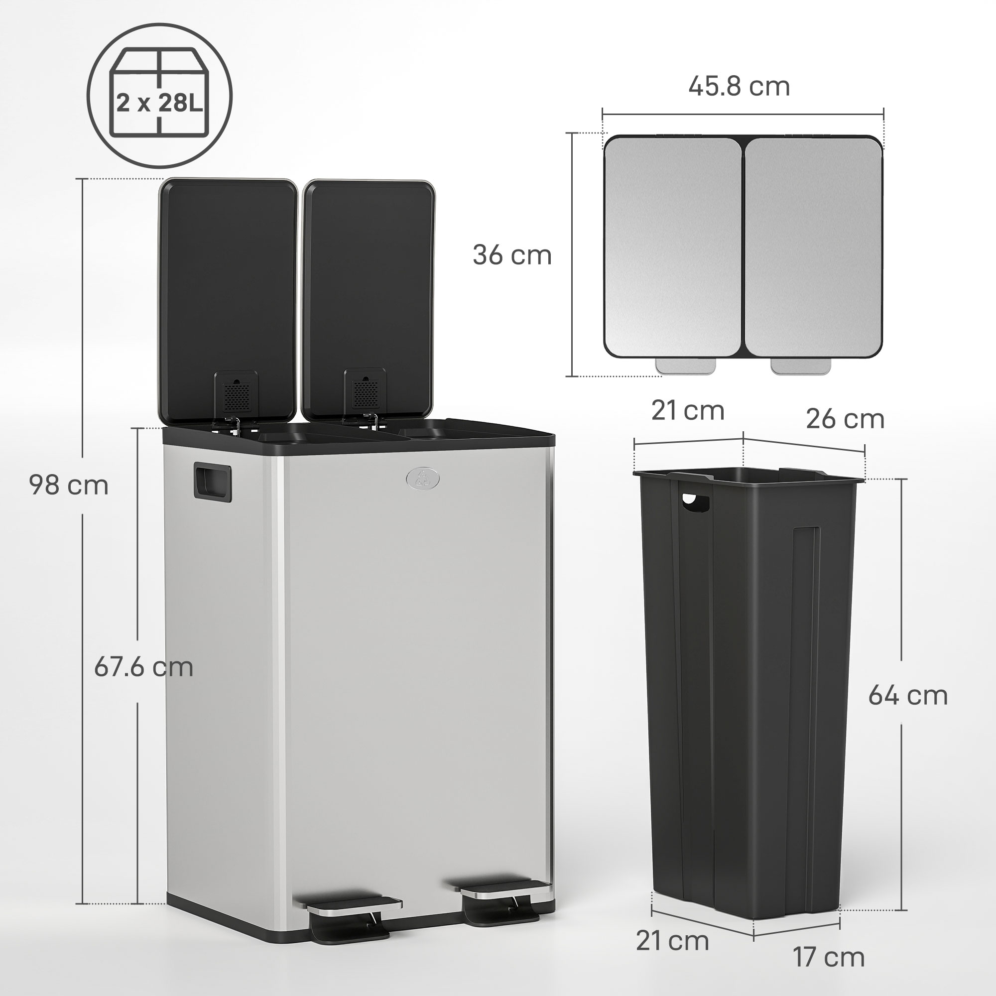 Bidone doppio argento con coperchi neri, dimensioni indicate.