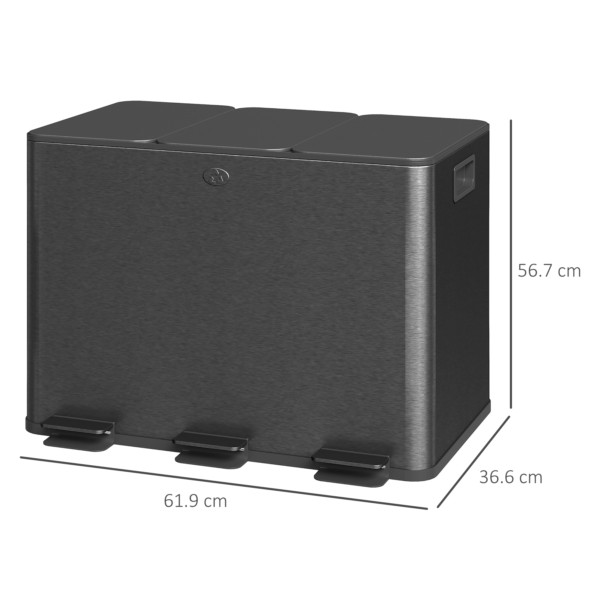 Pattumiera nera a tre scomparti con pedali argentati. Dimensioni: 61,9x36,6x56,7 cm.