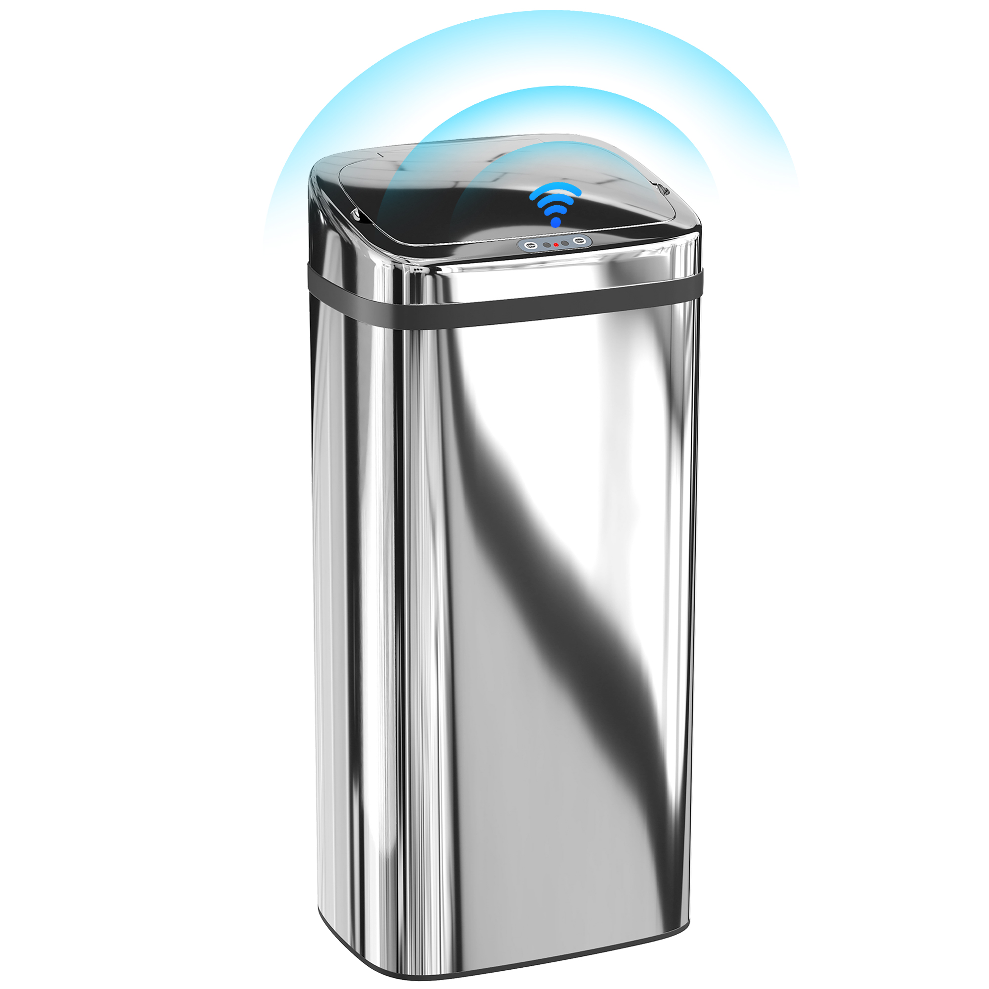 Un cestino d'argento lucido con sensore e simbolo wifi sul coperchio.