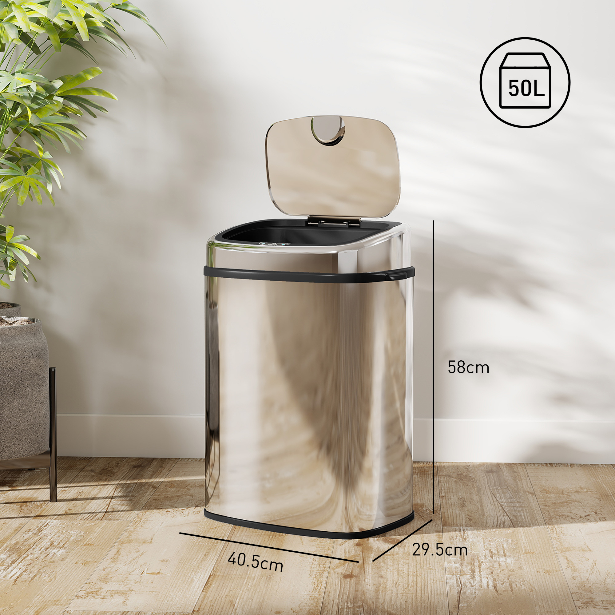 Un cestino lucido da 50L con coperchio aperto, accanto a una pianta.