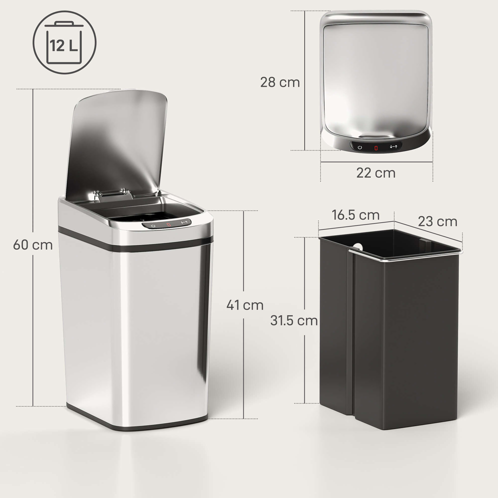 Bidone inox con sensore da 12L con dimensioni e cestino interno nero.