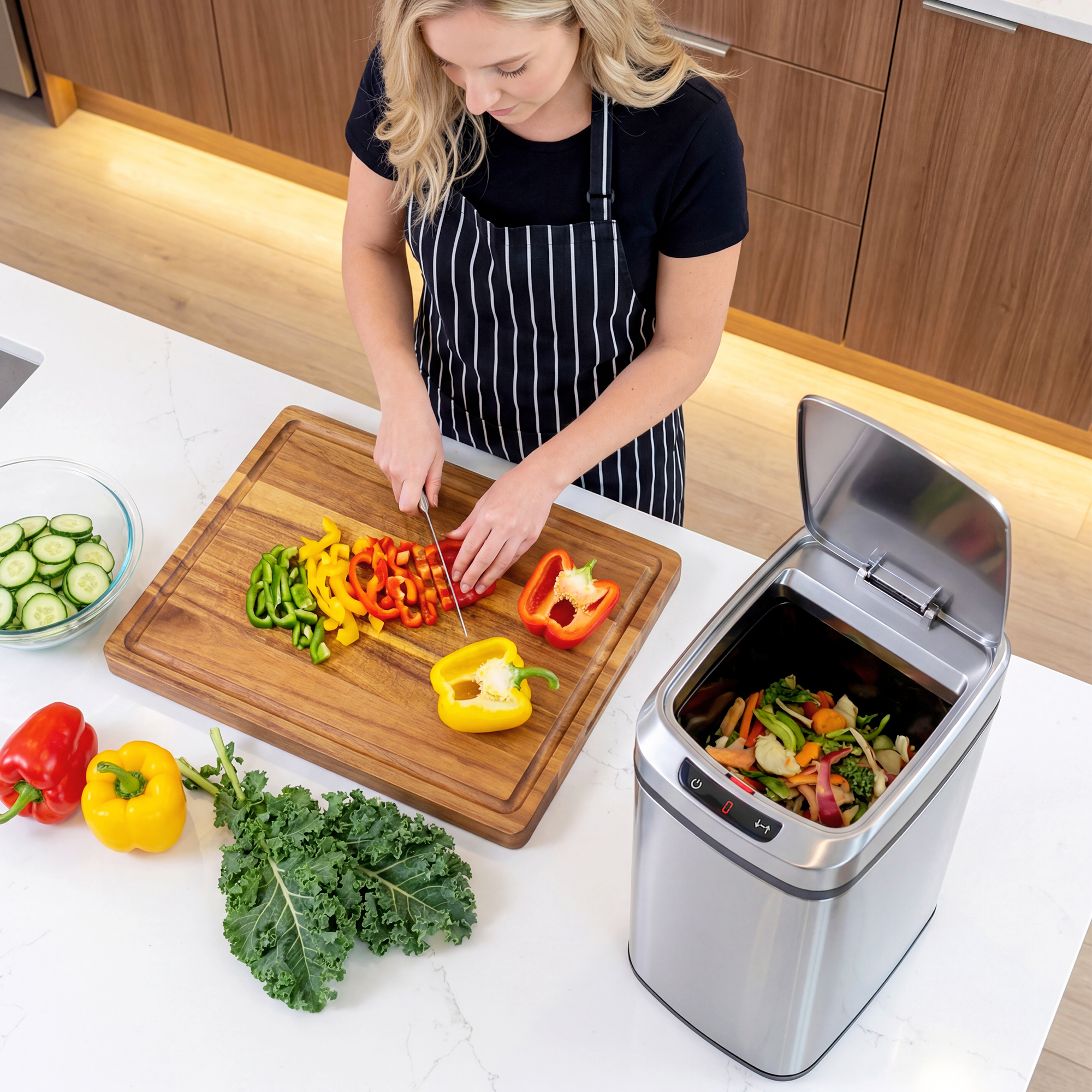 Donna taglia peperoni in una cucina moderna accanto a un cestino con verdure.
