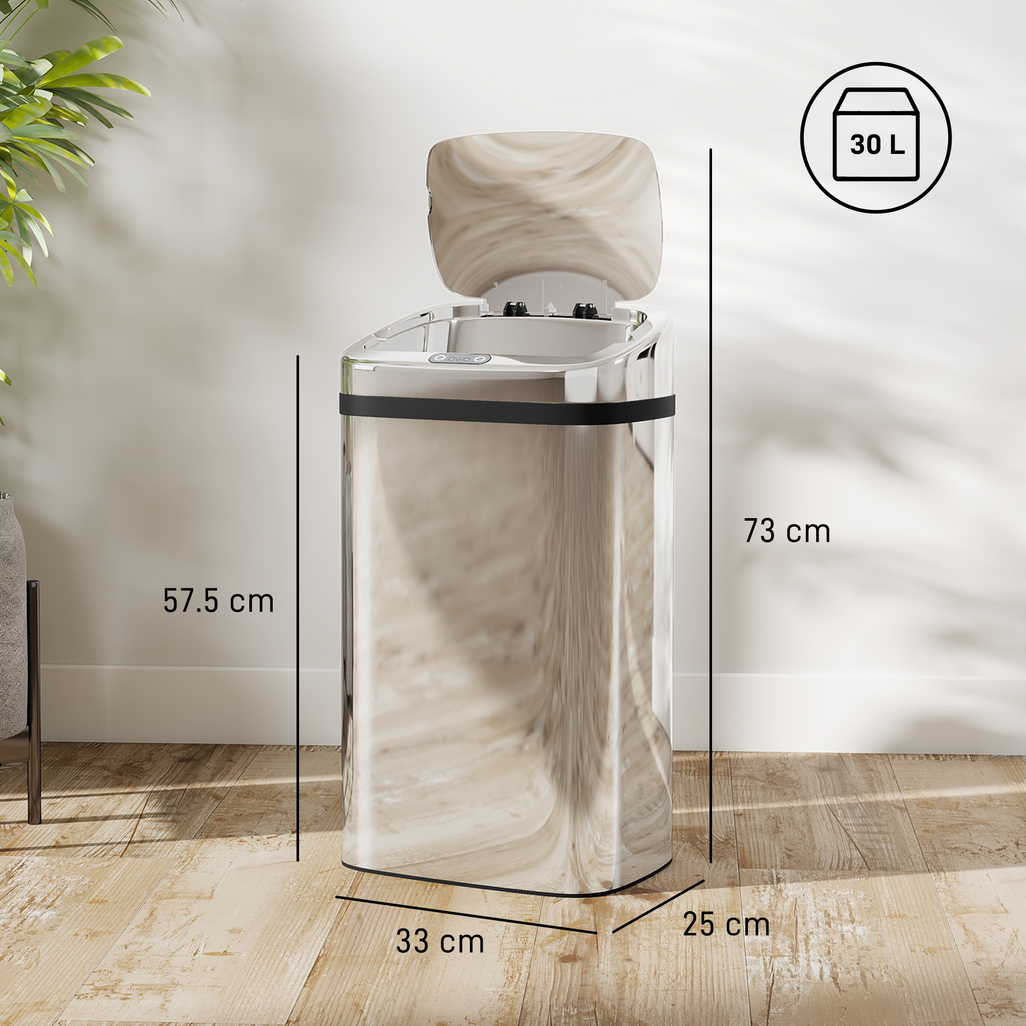Un cestino d'argento da 30L con coperchio aperto su pavimento in legno.