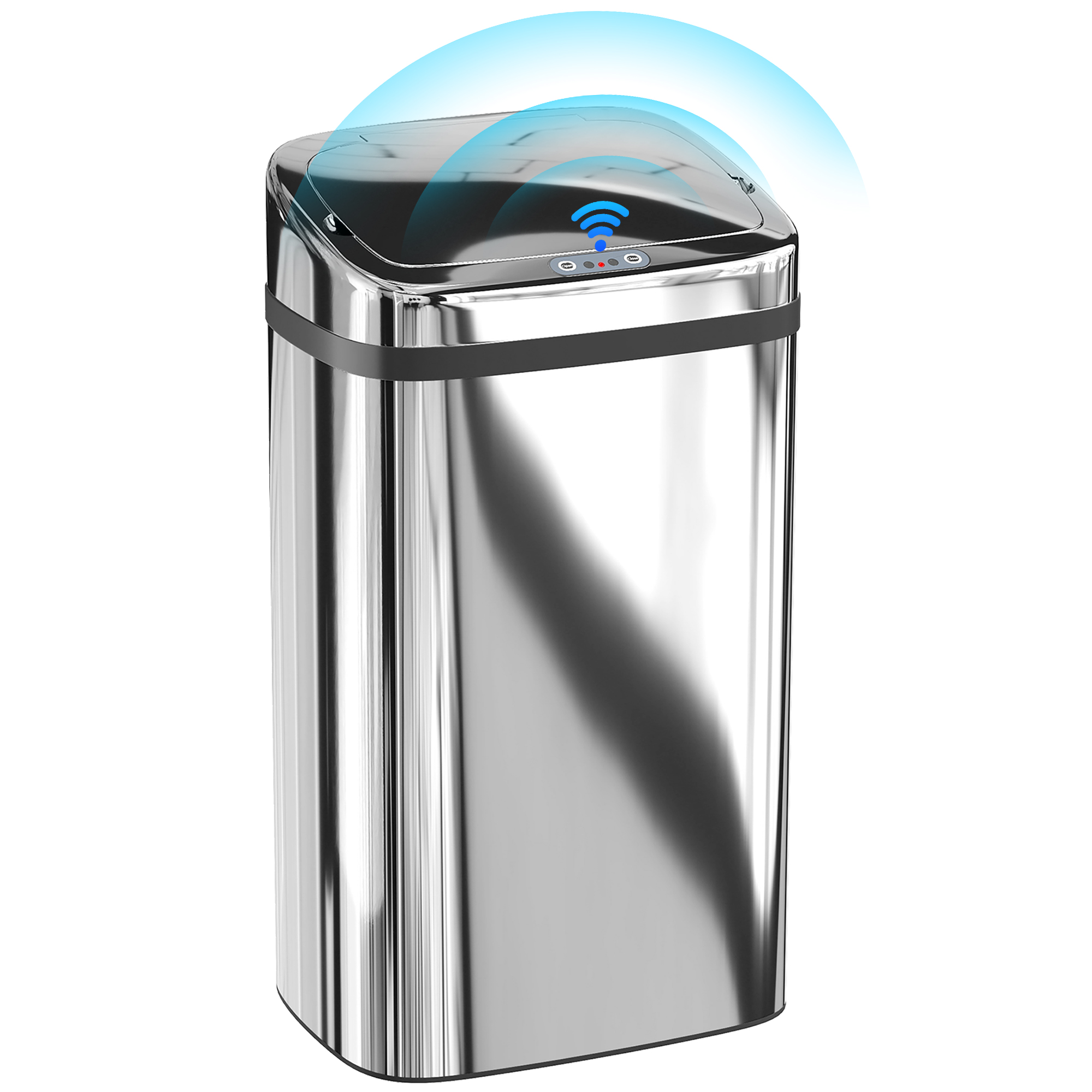Un cestino d'argento con sensore e onde luminose blu.