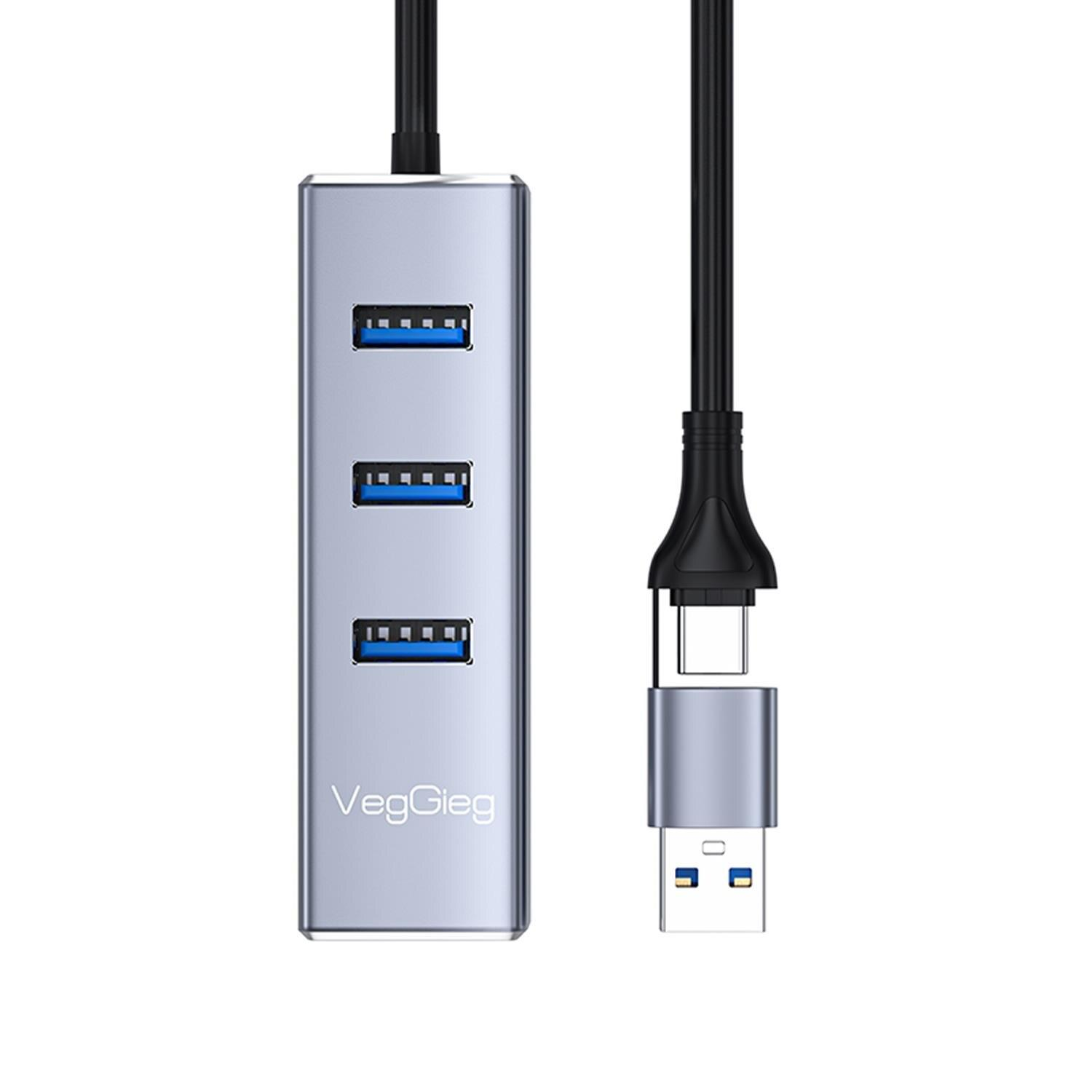 Üç USB 3.0 bağlantı noktasına ve USB-C kablosuna sahip gümüş USB-C hub.