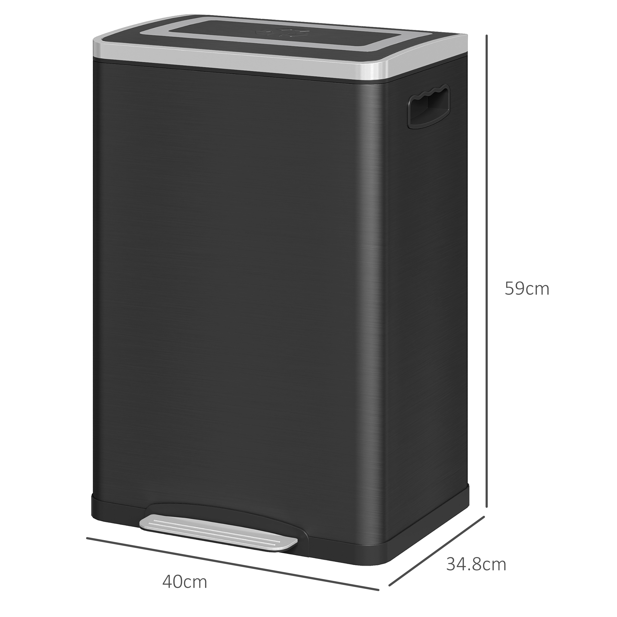Pattumiera nera con coperchio e pedale argentati, 59x40x34.8cm.
