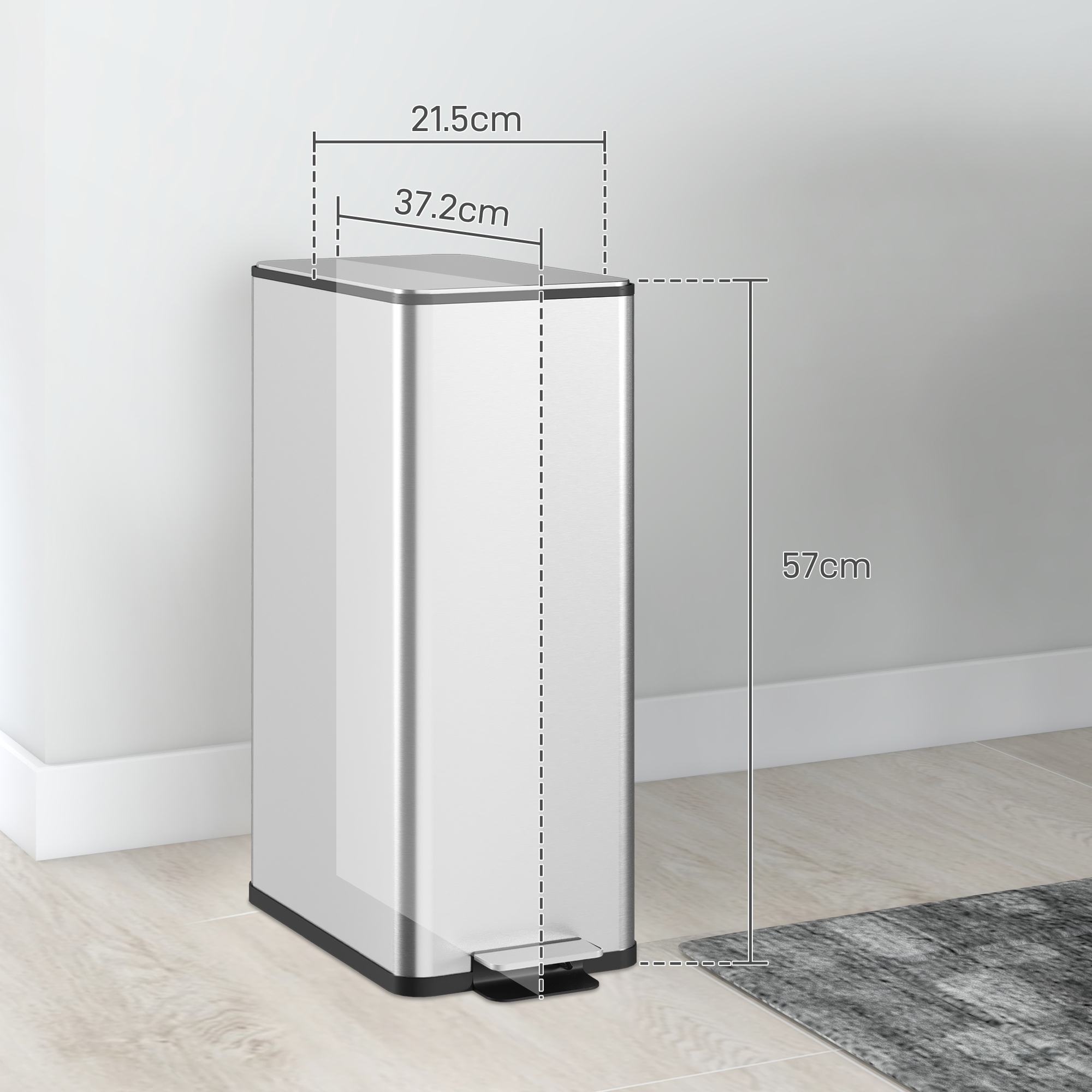 Un cestino d'argento con pedale, dimensioni indicate.