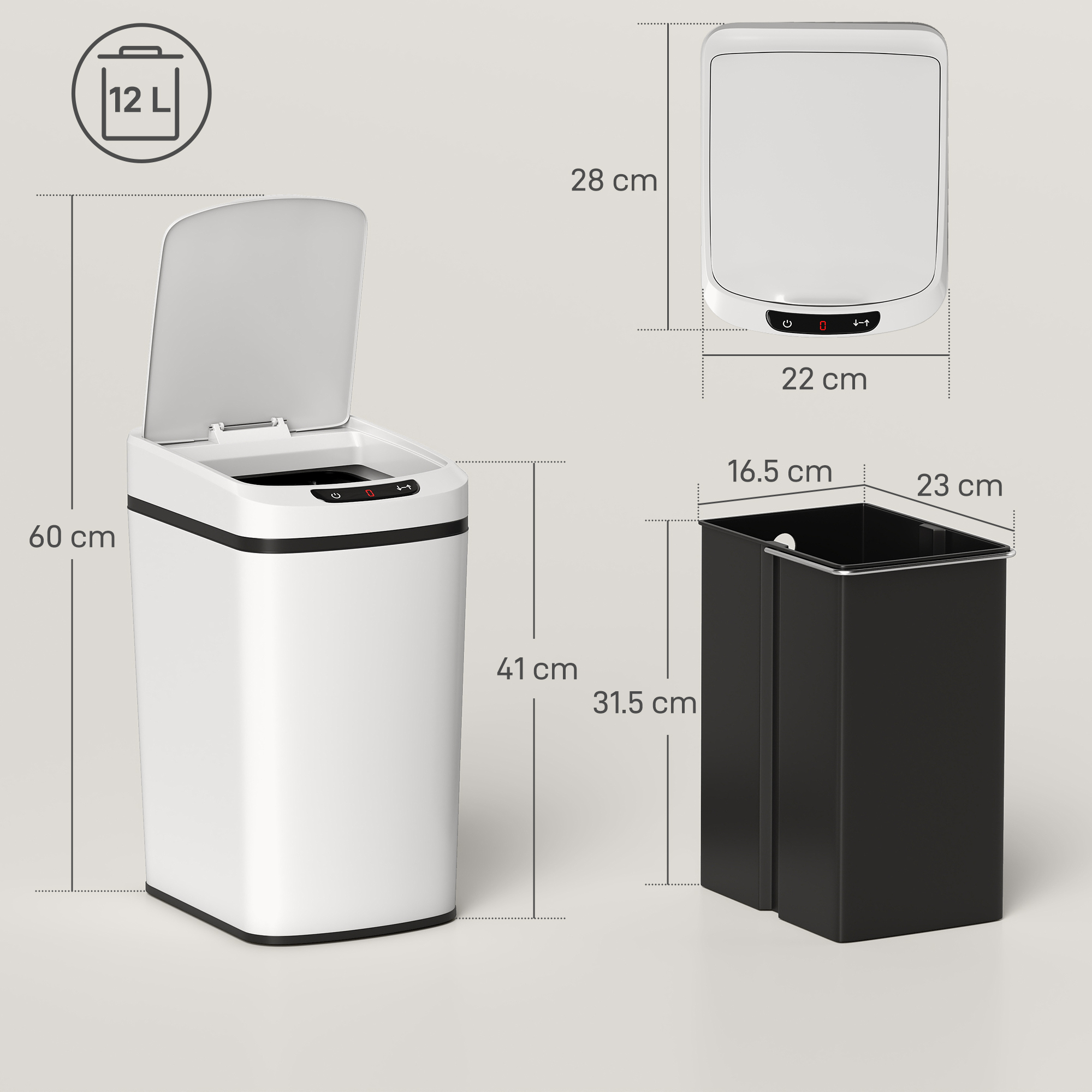 Un cestino bianco da 12L con coperchio aperto, dimensioni e un cestino interno nero.