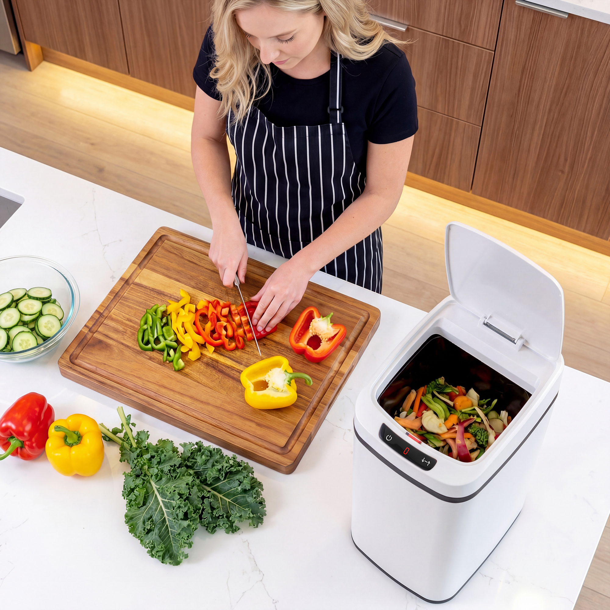 Donna taglia peperoni in cucina, accanto a un bidone per compost con verdure.