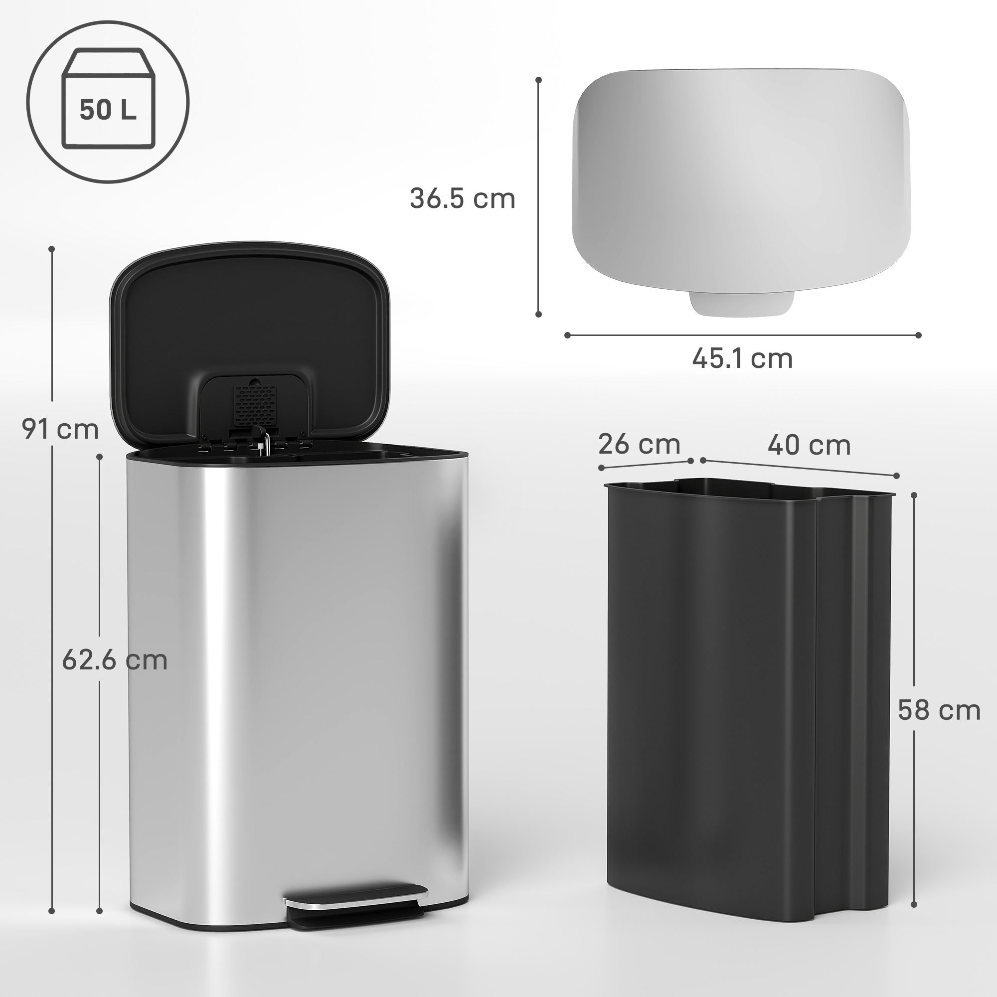 Pattumiera da 50L con coperchio aperto e secchio interno separato. Dimensioni mostrate.