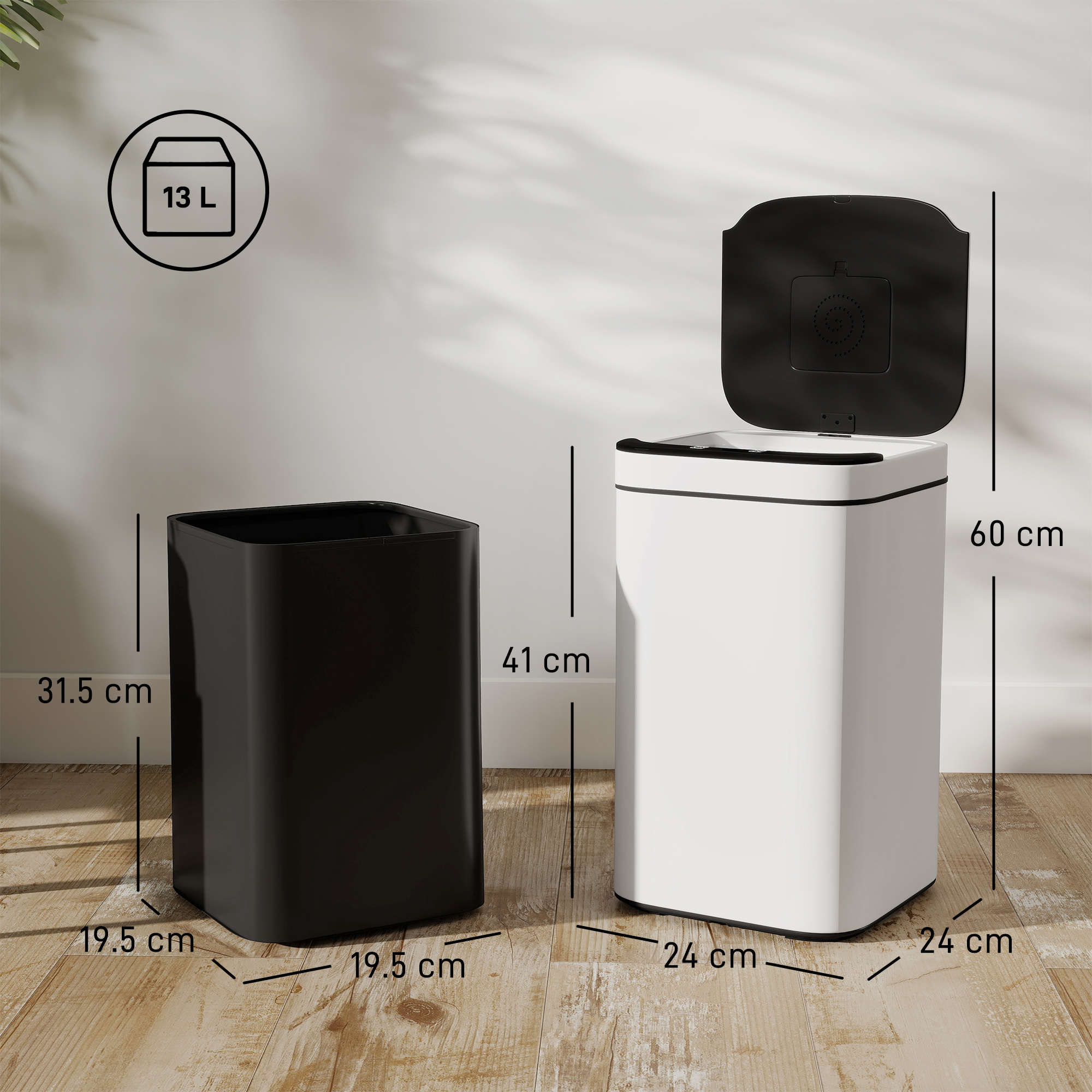 Due bidoni della spazzatura uno accanto all'altro: uno nero alto 41 cm e uno bianco alto 60 cm.