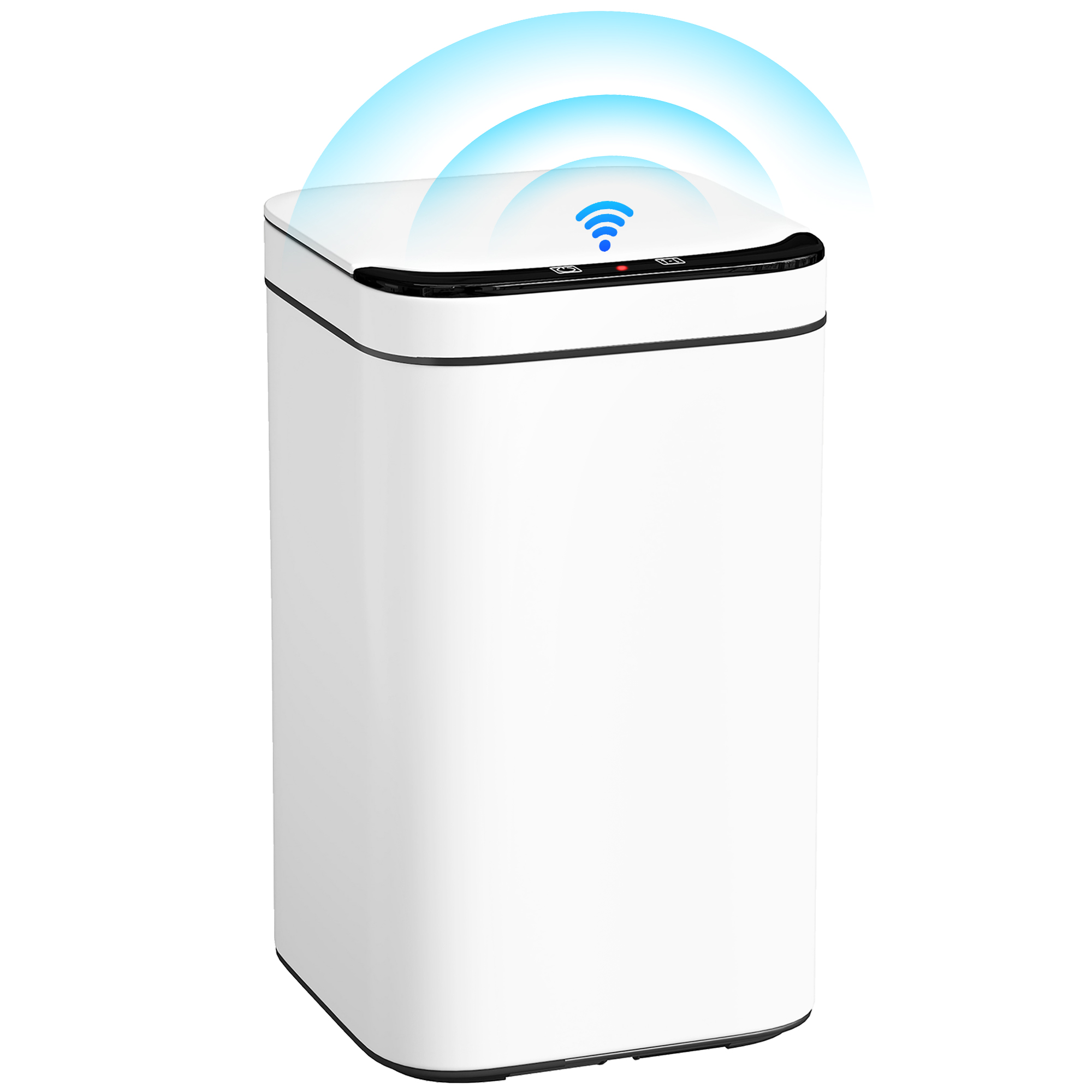 Un cestino bianco con coperchio sensore e simbolo Wi-Fi.