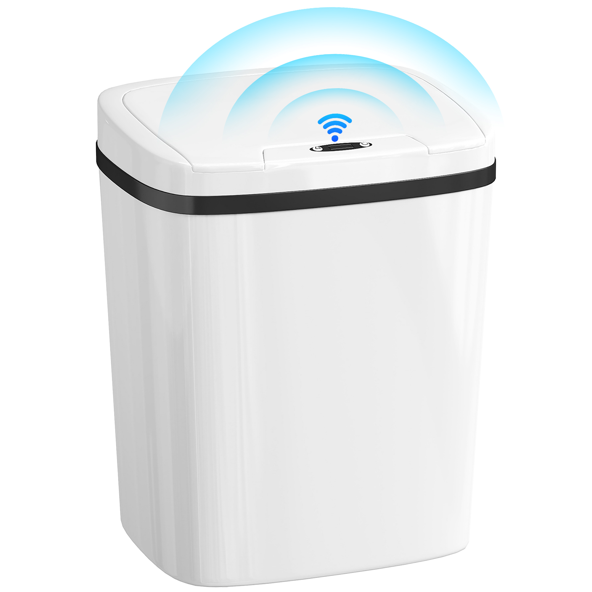 Un cestino bianco con una striscia nera e un simbolo wifi.