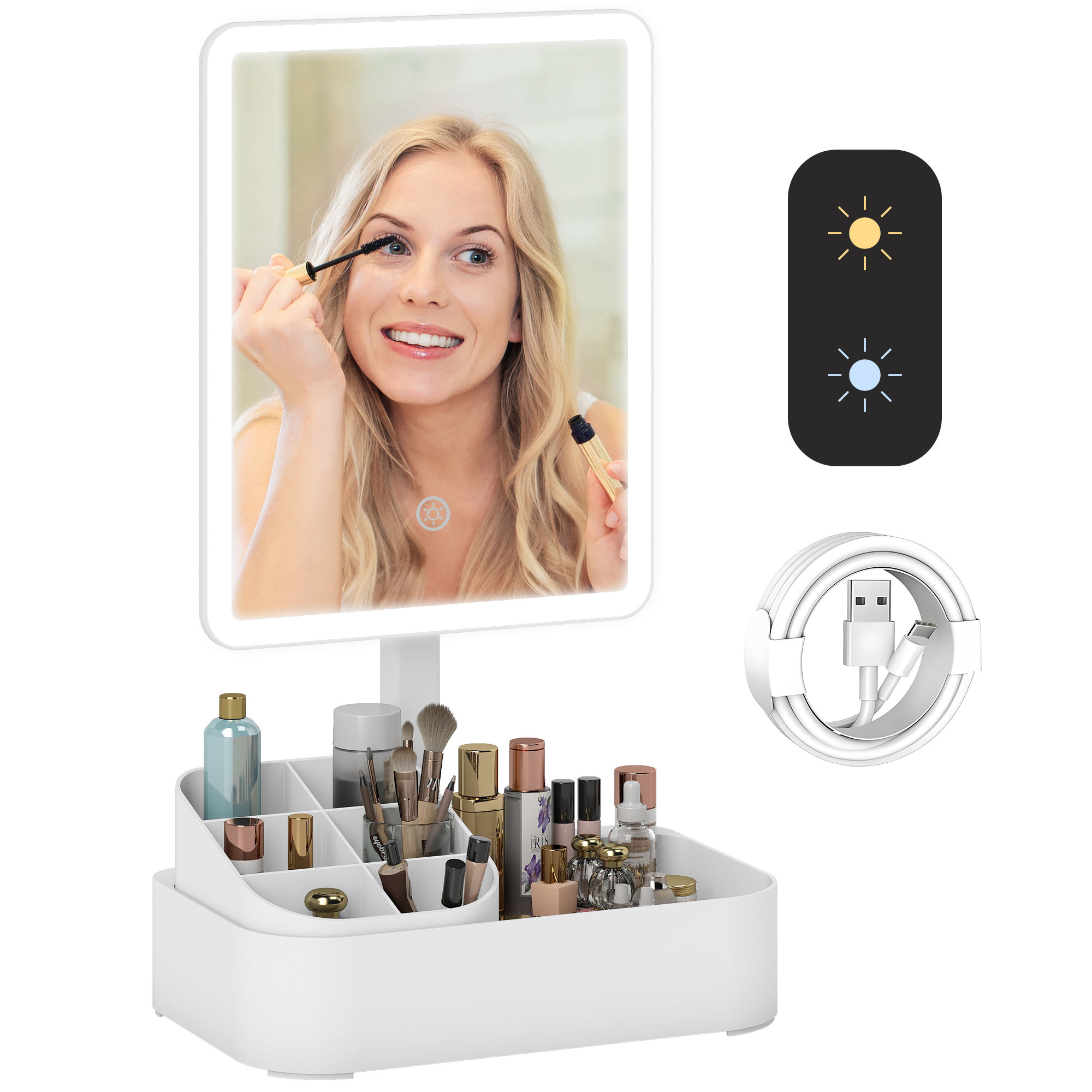 Donna applica mascara in specchio illuminato, accanto a organizer per trucco e cavo.