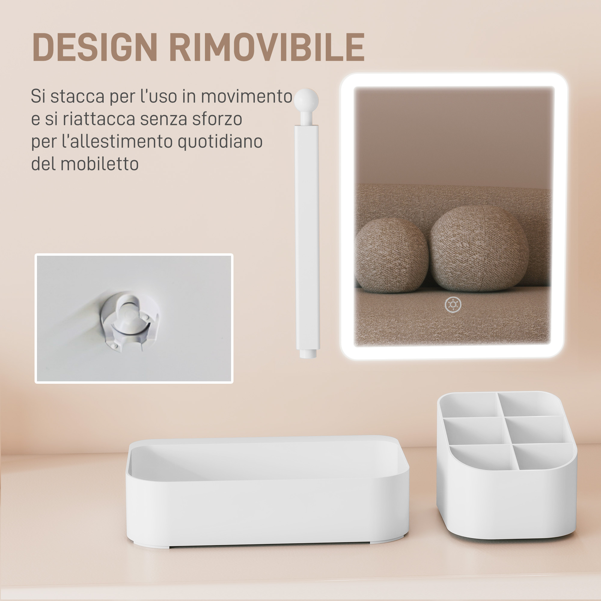 Organizzatore bianco con specchio e supporto a muro su sfondo chiaro.