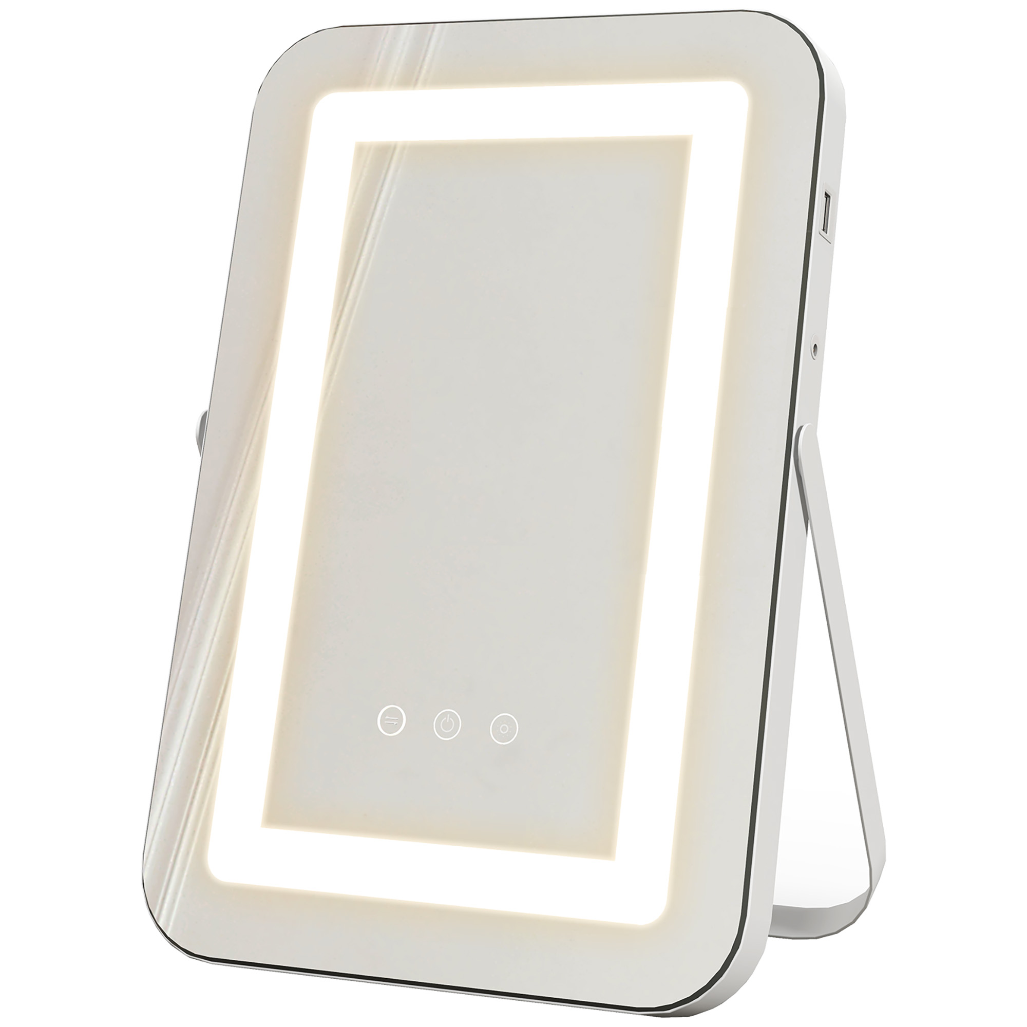 Uno specchio per il trucco illuminato con controlli touch e una porta USB.