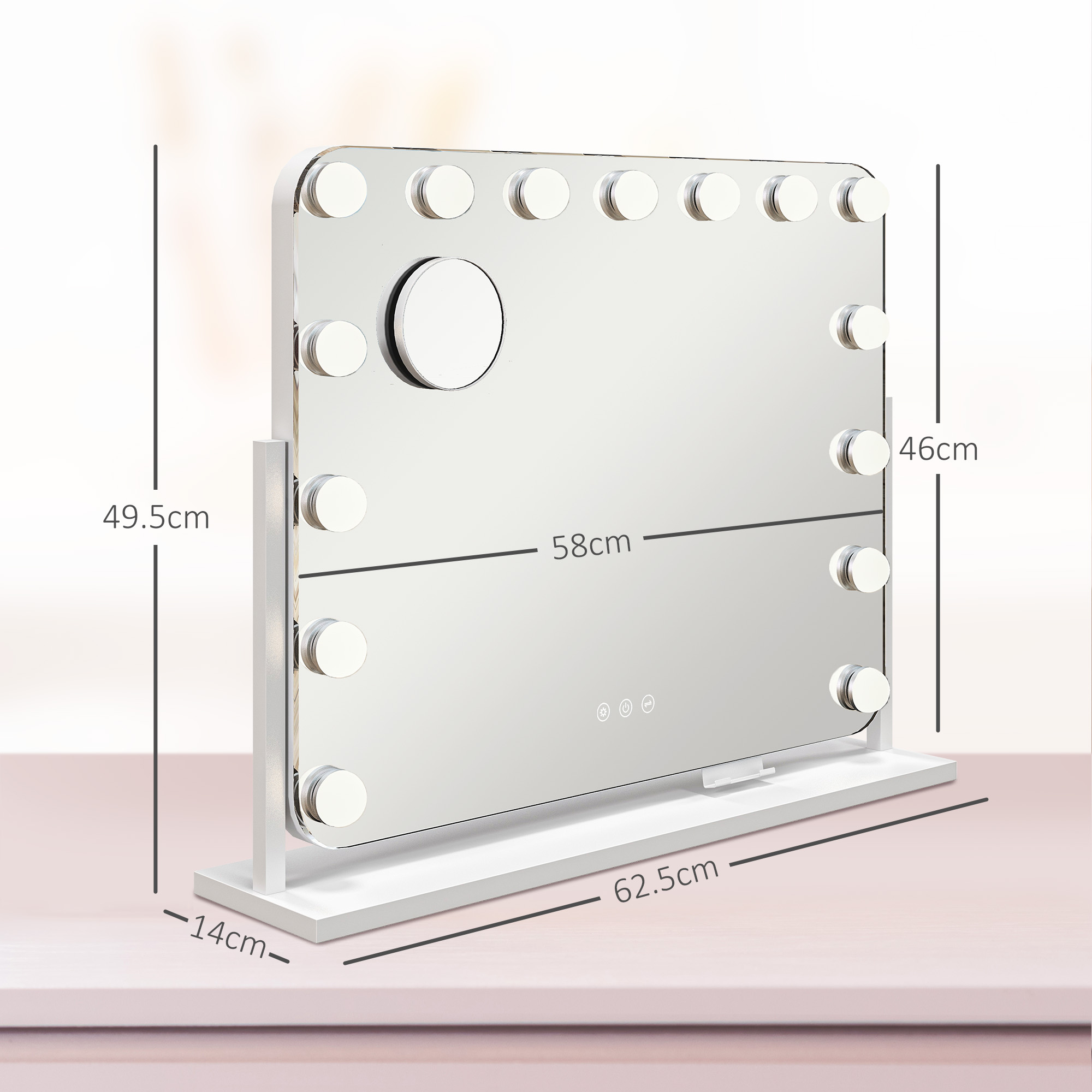 Uno specchio per il trucco bianco con luci e dimensioni.